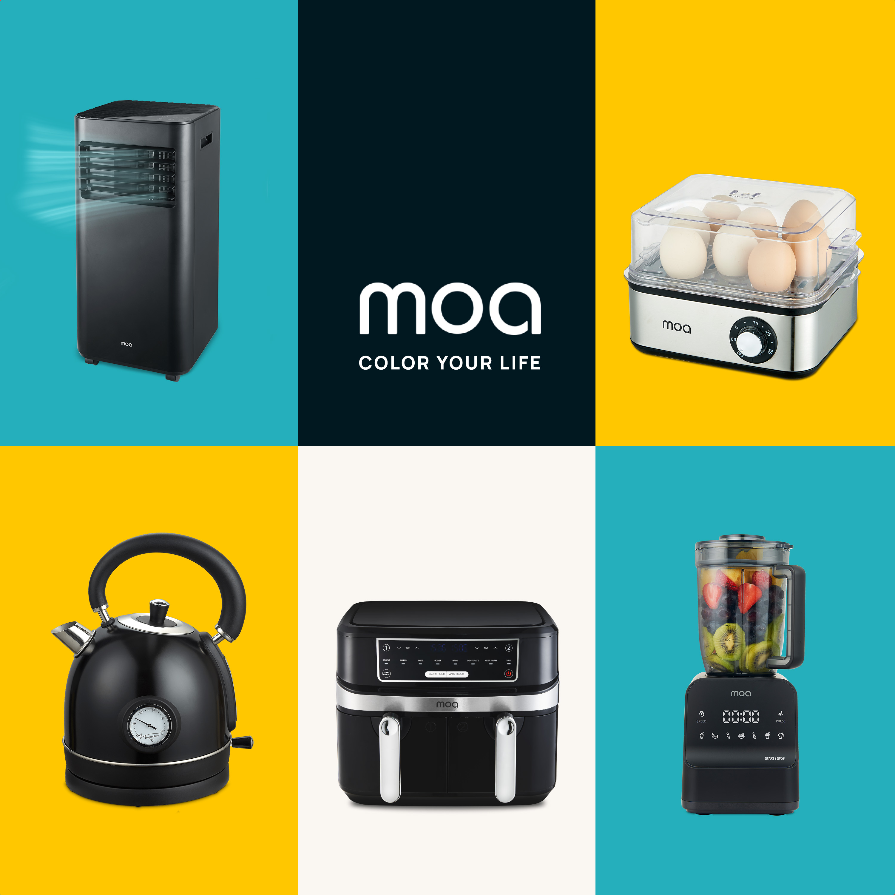 A collage of MOA brand appliances: cooler, egg cooker, kettle, air fryer, blender.
