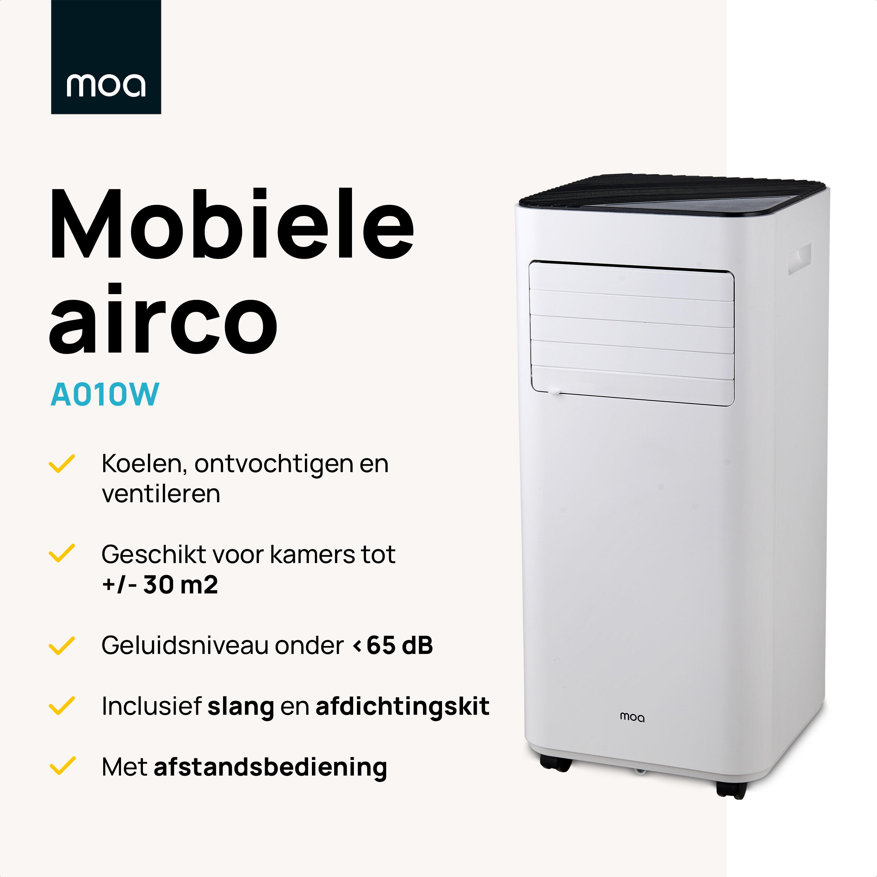 White mobile airco. Checkmarks and text on the left. White background.