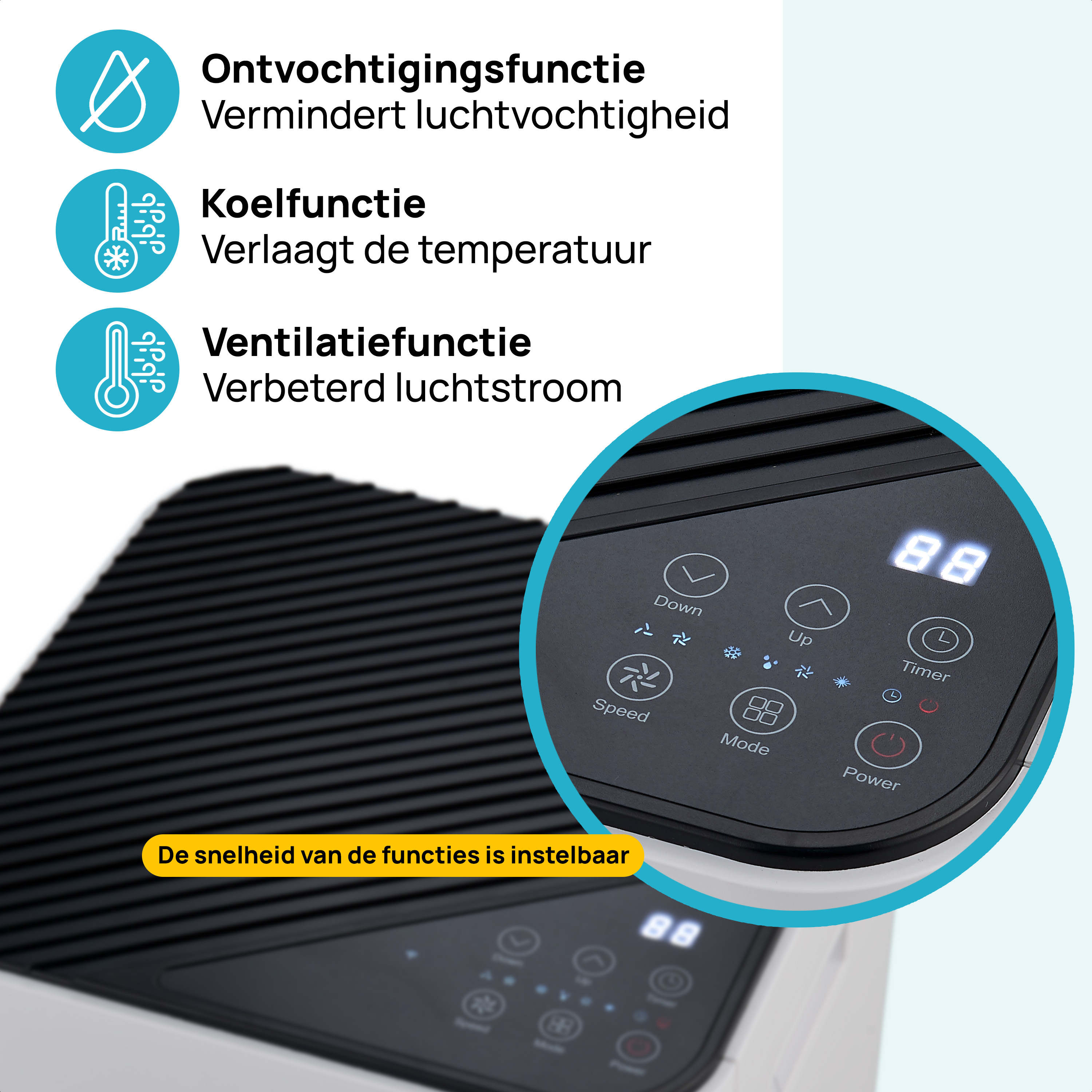 Close-up of air purifier control panel. Features: dehumidifying, cooling, ventilating functions with digital display.