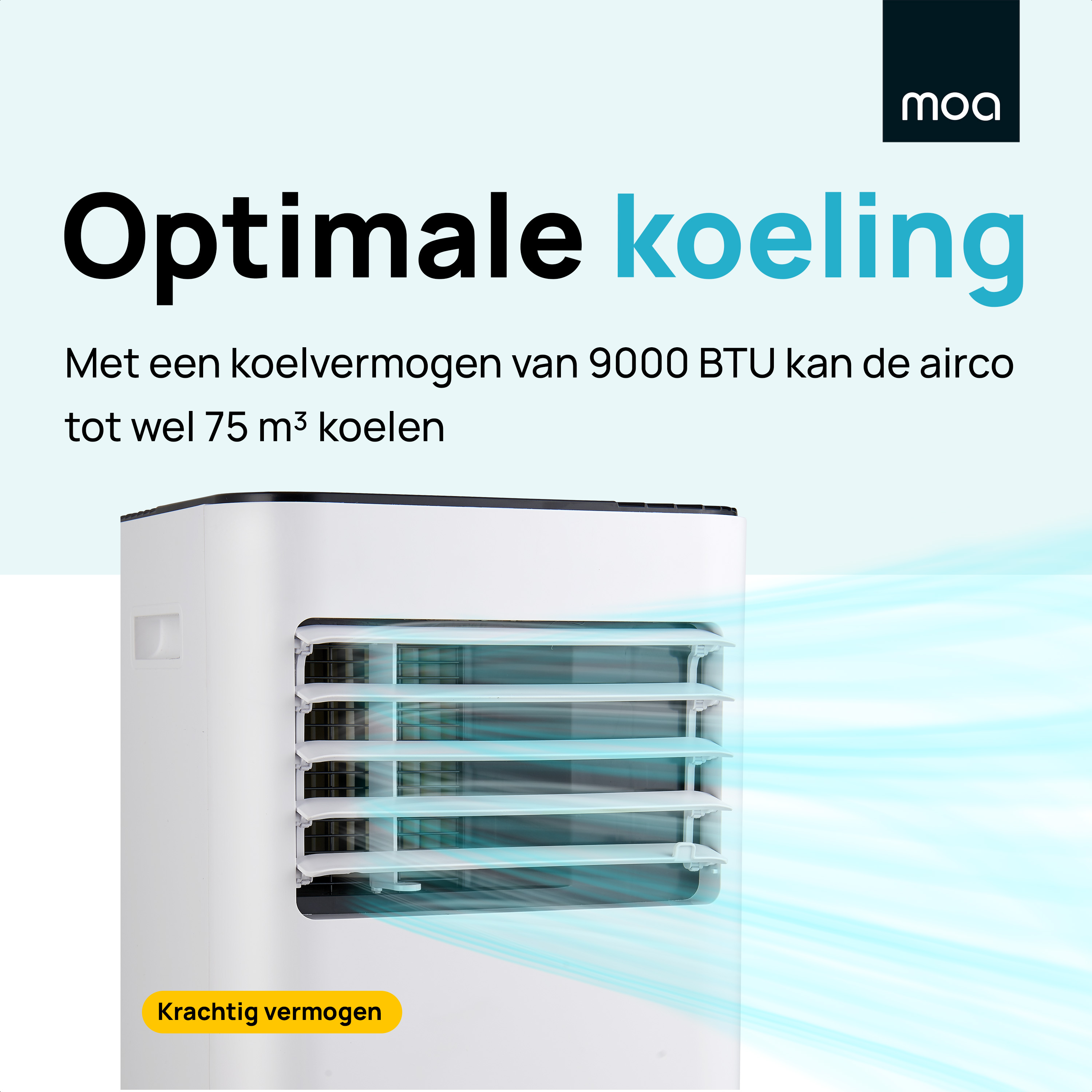 An advertisement for an air conditioner. The text highlights features such as optimal cooling and power.