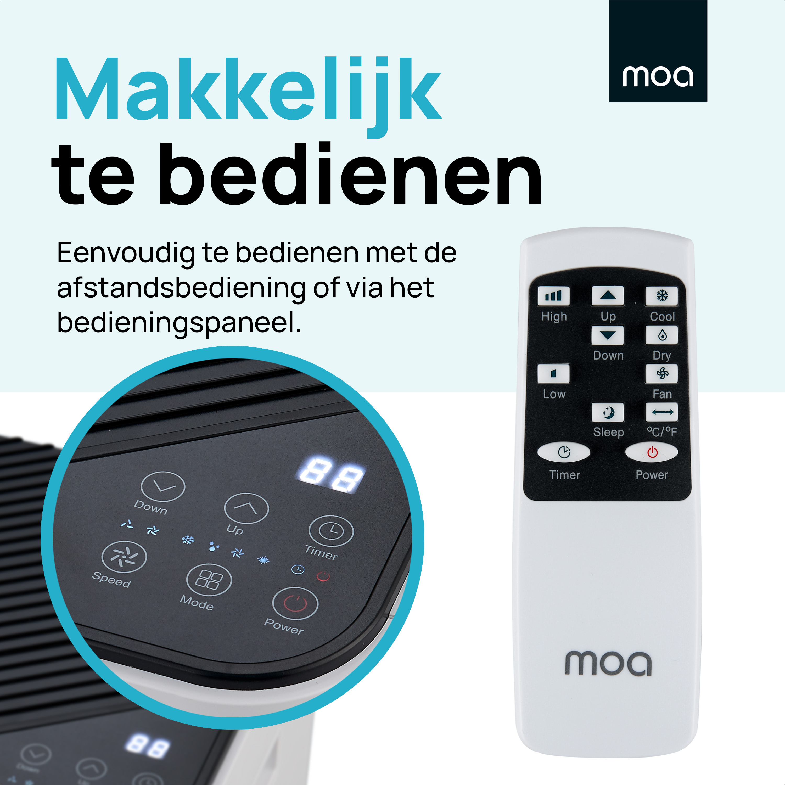 A remote control with buttons and a digital display. The text says 'Easy to operate'.