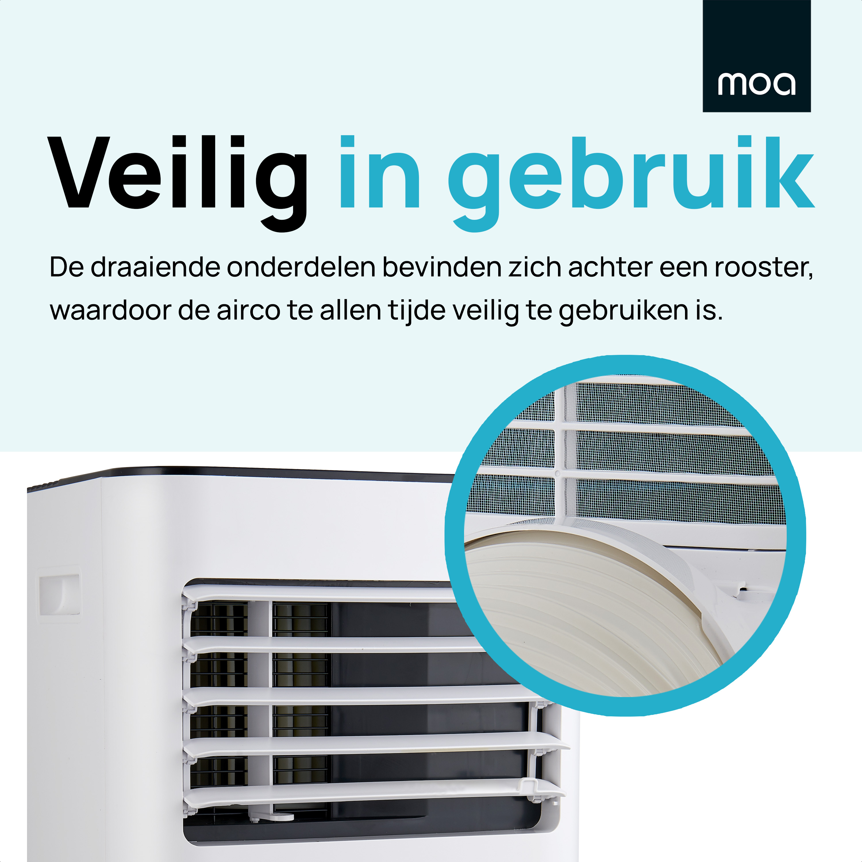 Image showing a white appliance. Text about safety in use, with a close-up of the grill.
