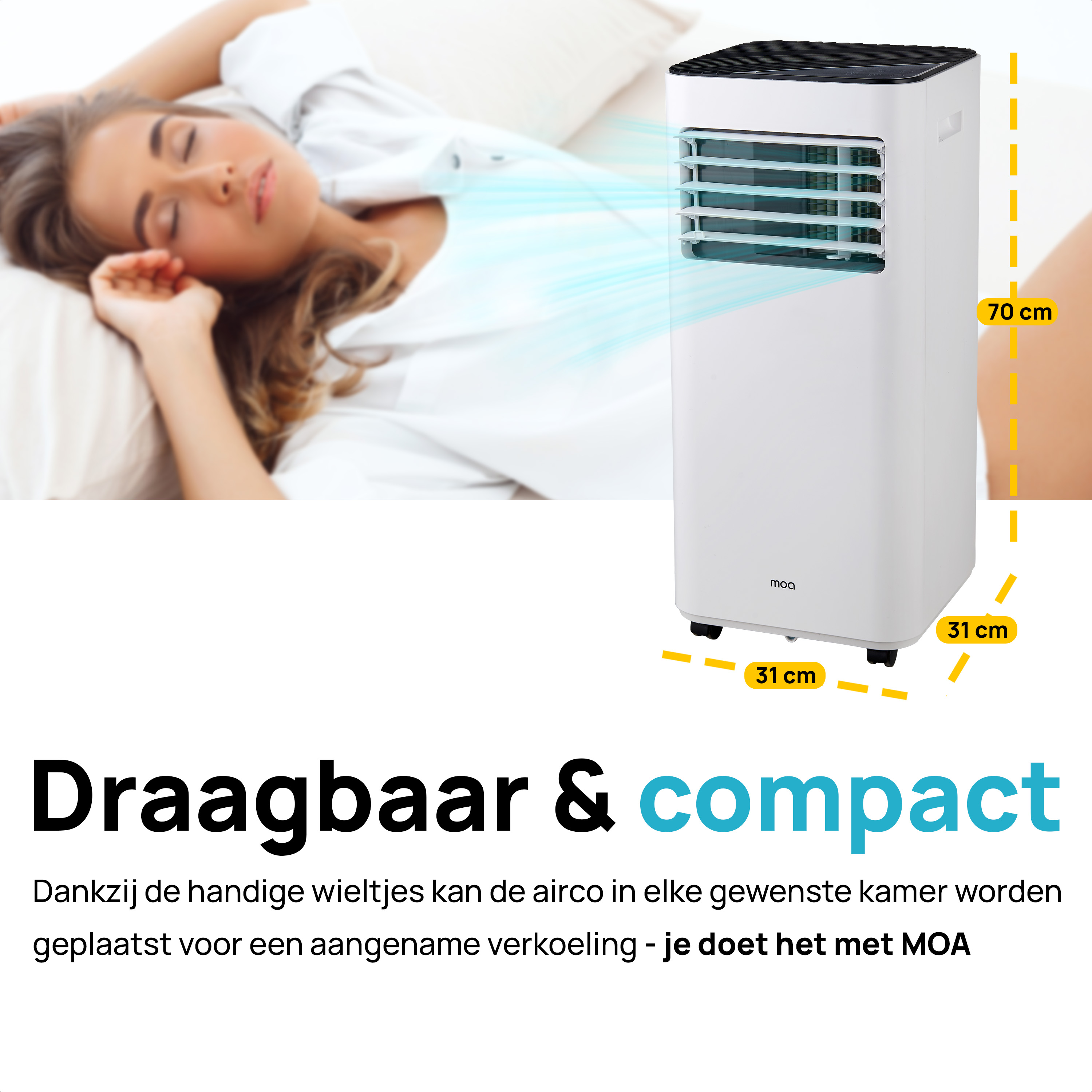 Woman sleeping near a white air conditioner with dimensions in the background.