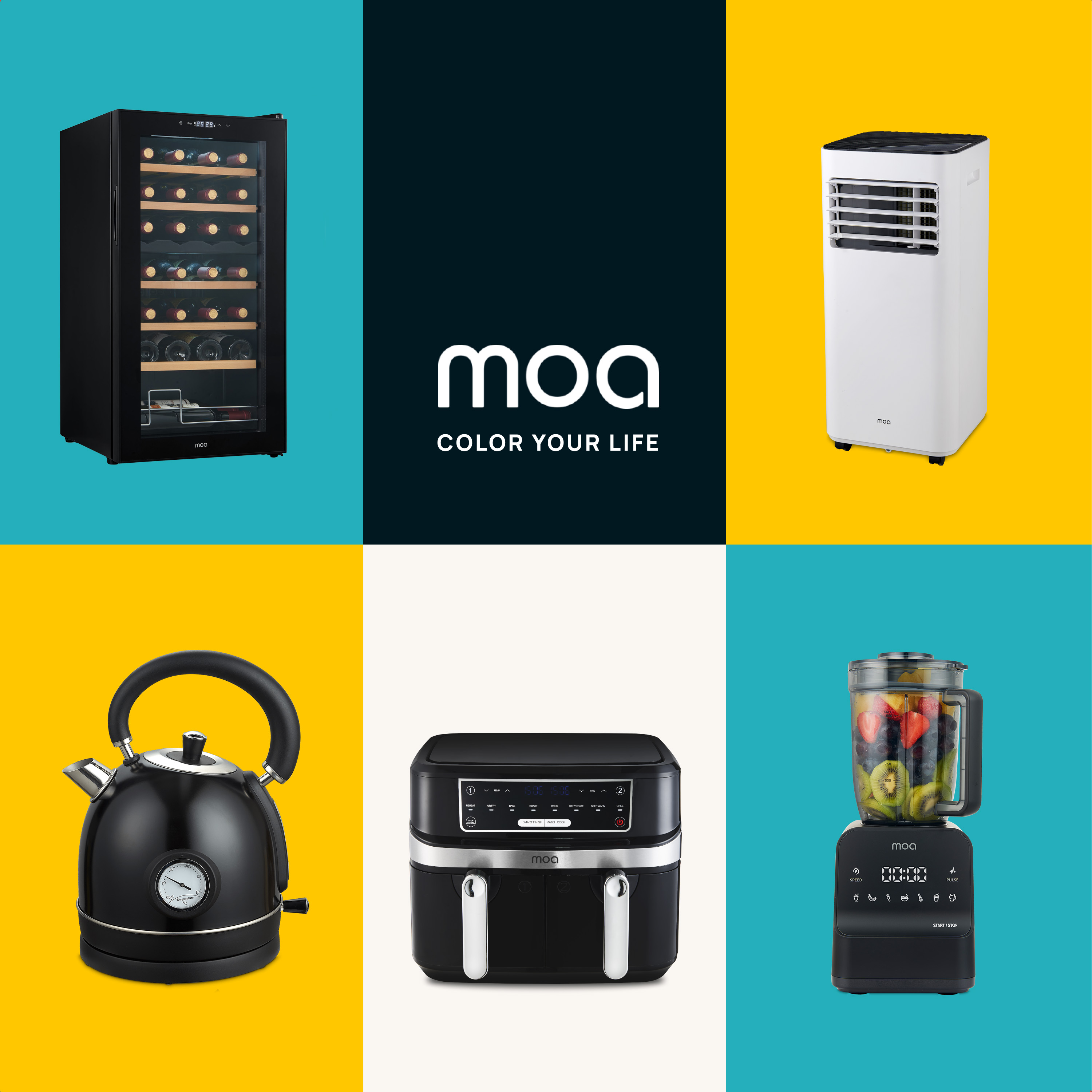Collage of moa products: wine cooler, air cooler, kettle, air fryer and blender. Different colors.