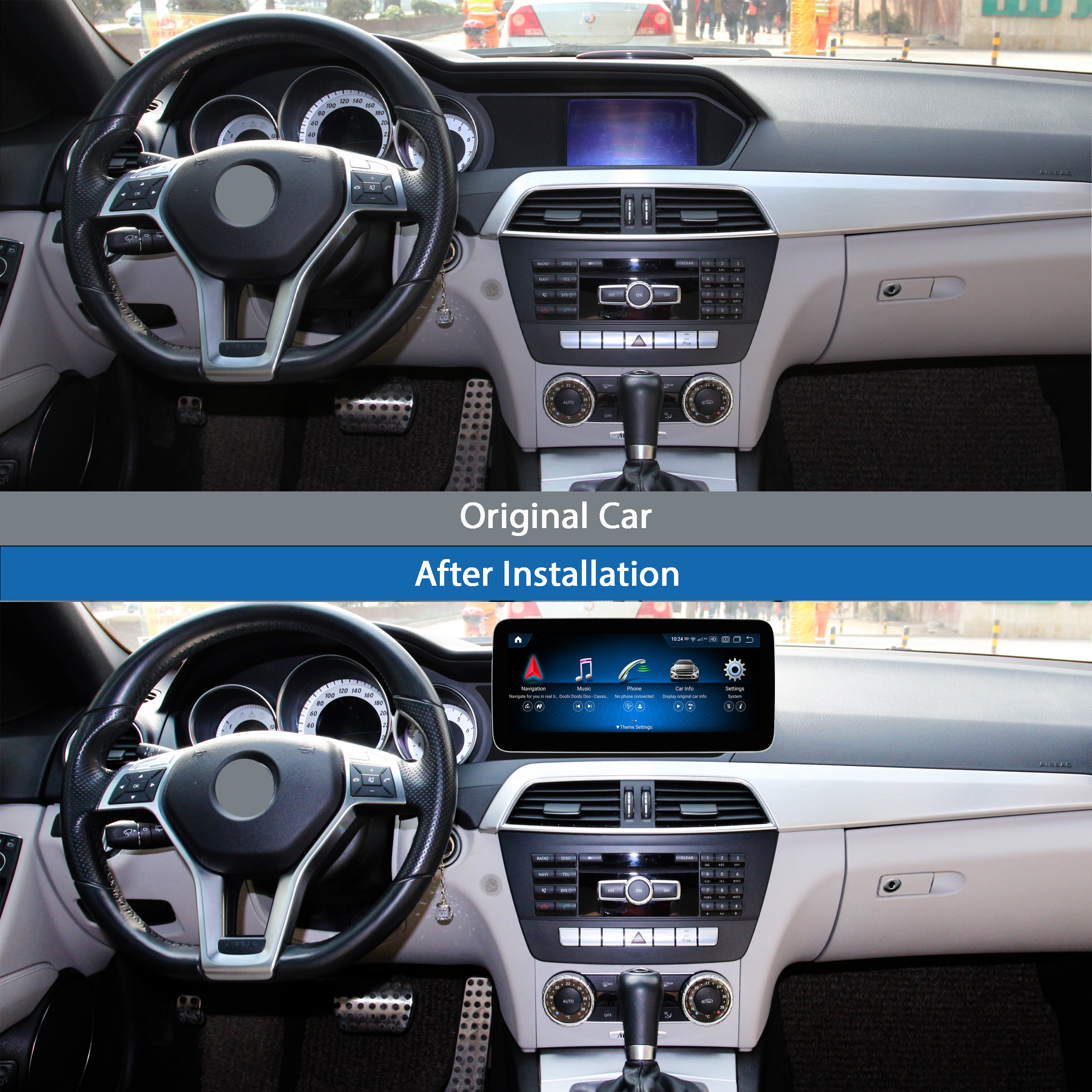 Vergleich des Armaturenbretts eines Autos vor und nach dem Einbau eines neuen Infotainmentsystems. Der neue Bildschirm ist an.