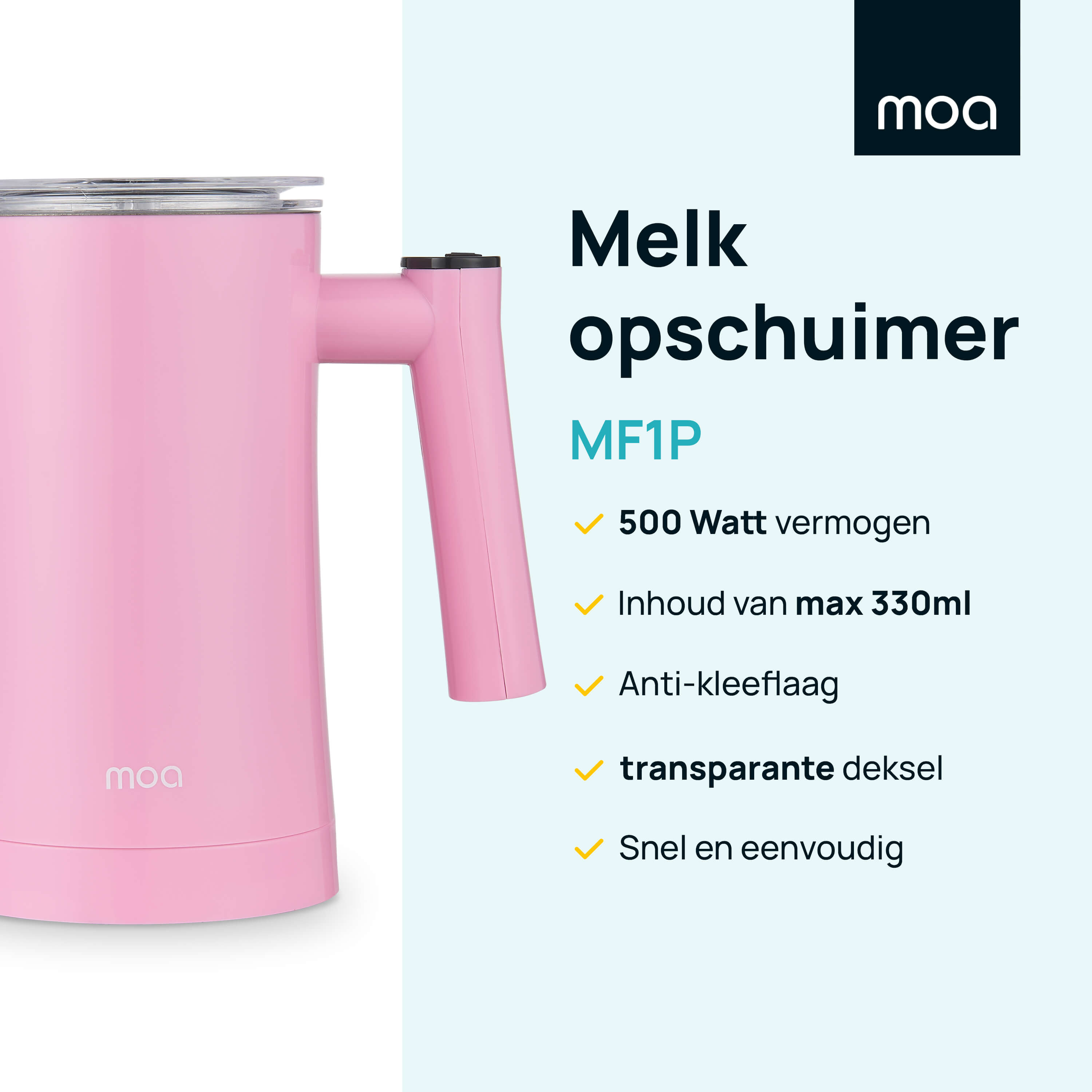 Roze melkopschuimer met handvat. Tekst benadrukt de kenmerken van het product.