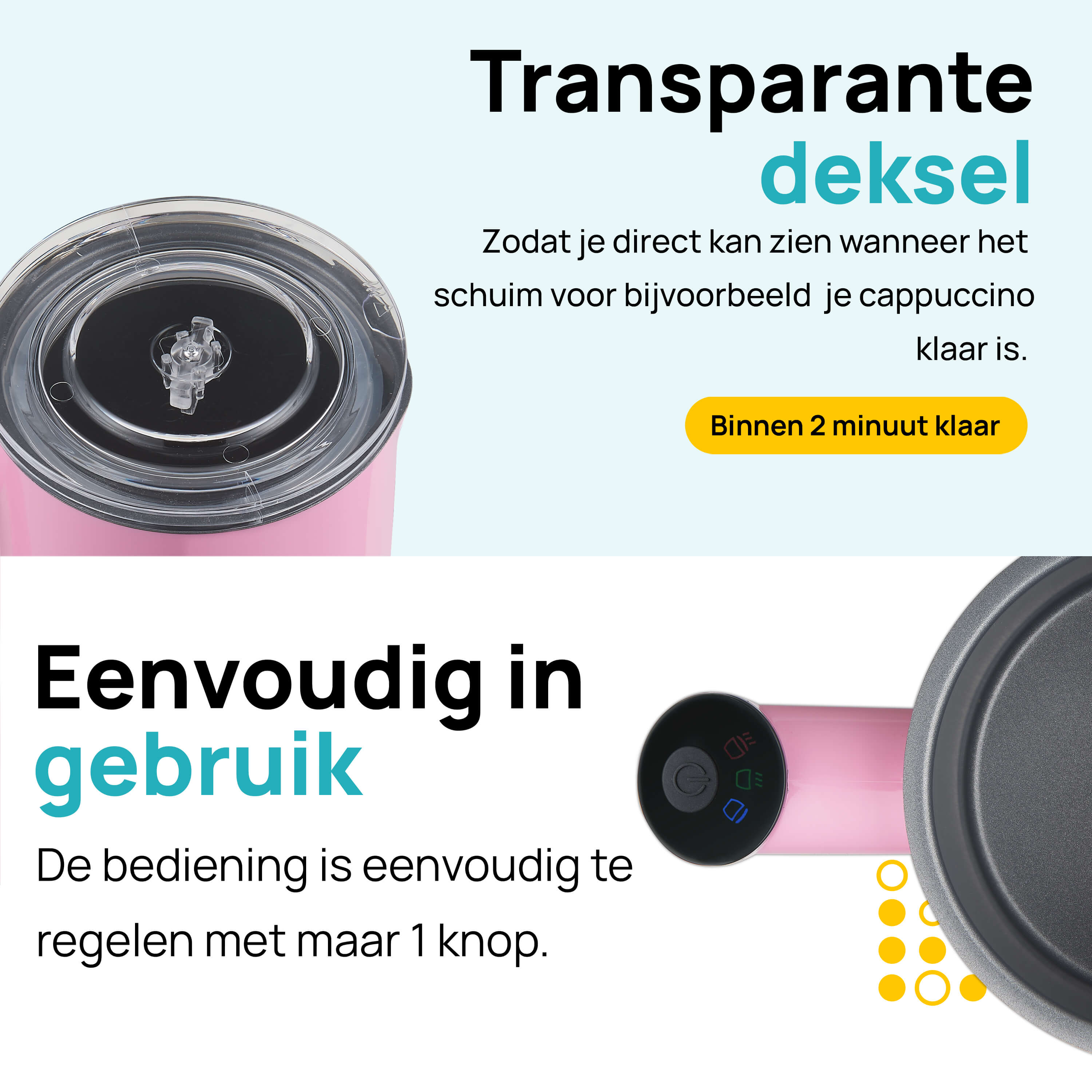 Roze en zwarte koffiemaker. Tekst en knoppen. Witte achtergrond.