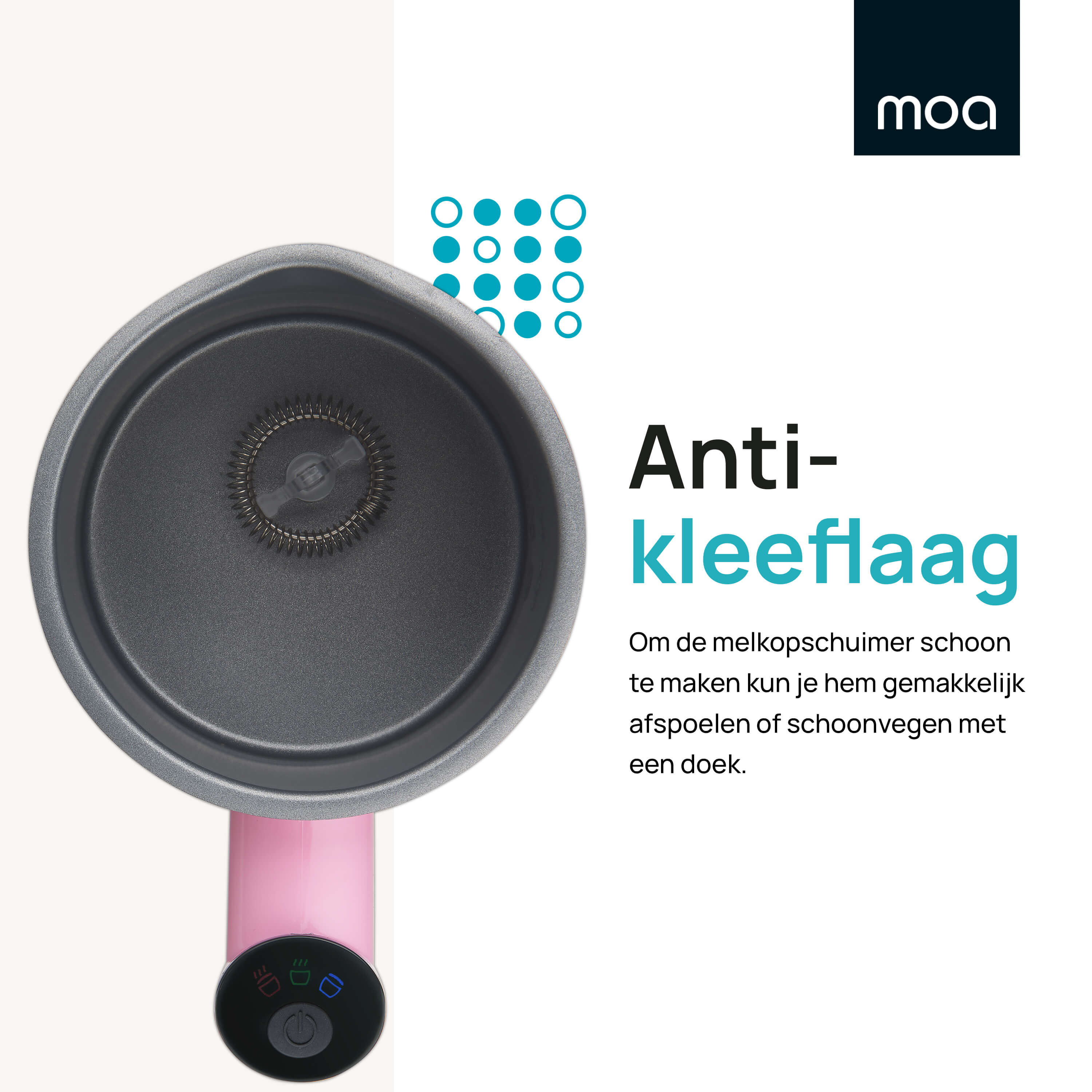 Een roze en grijze melkopschuimer. Tekst: Anti-aanbaklaag.