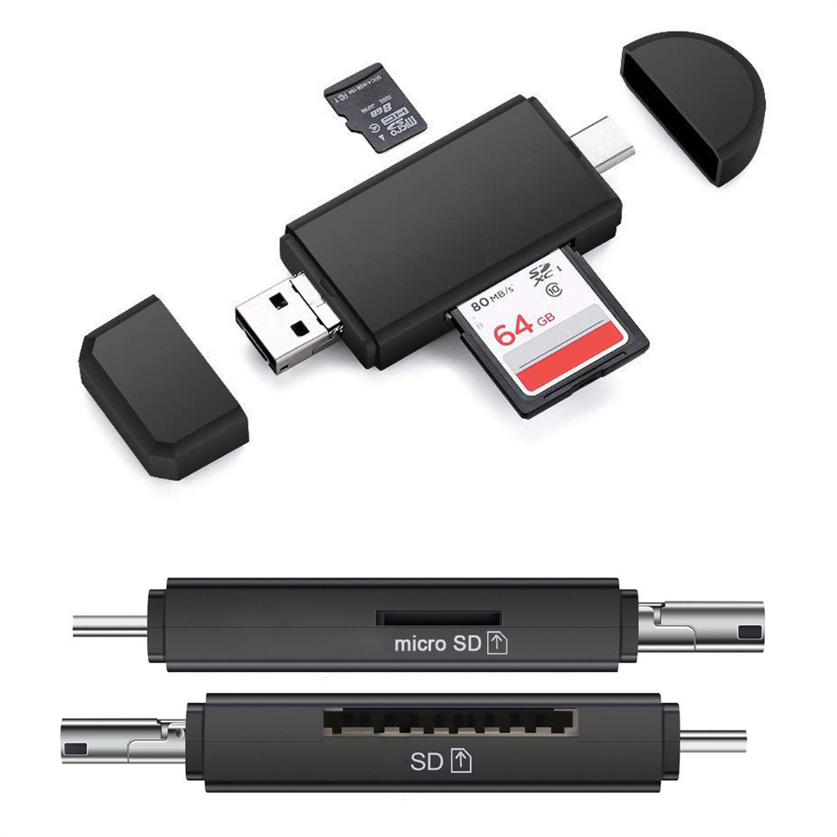 Schwarzer Multi-Kartenleser mit SD-Karte und Micro-SD-Karte. Zwei schwarze Abdeckungen sind ebenfalls gezeigt.