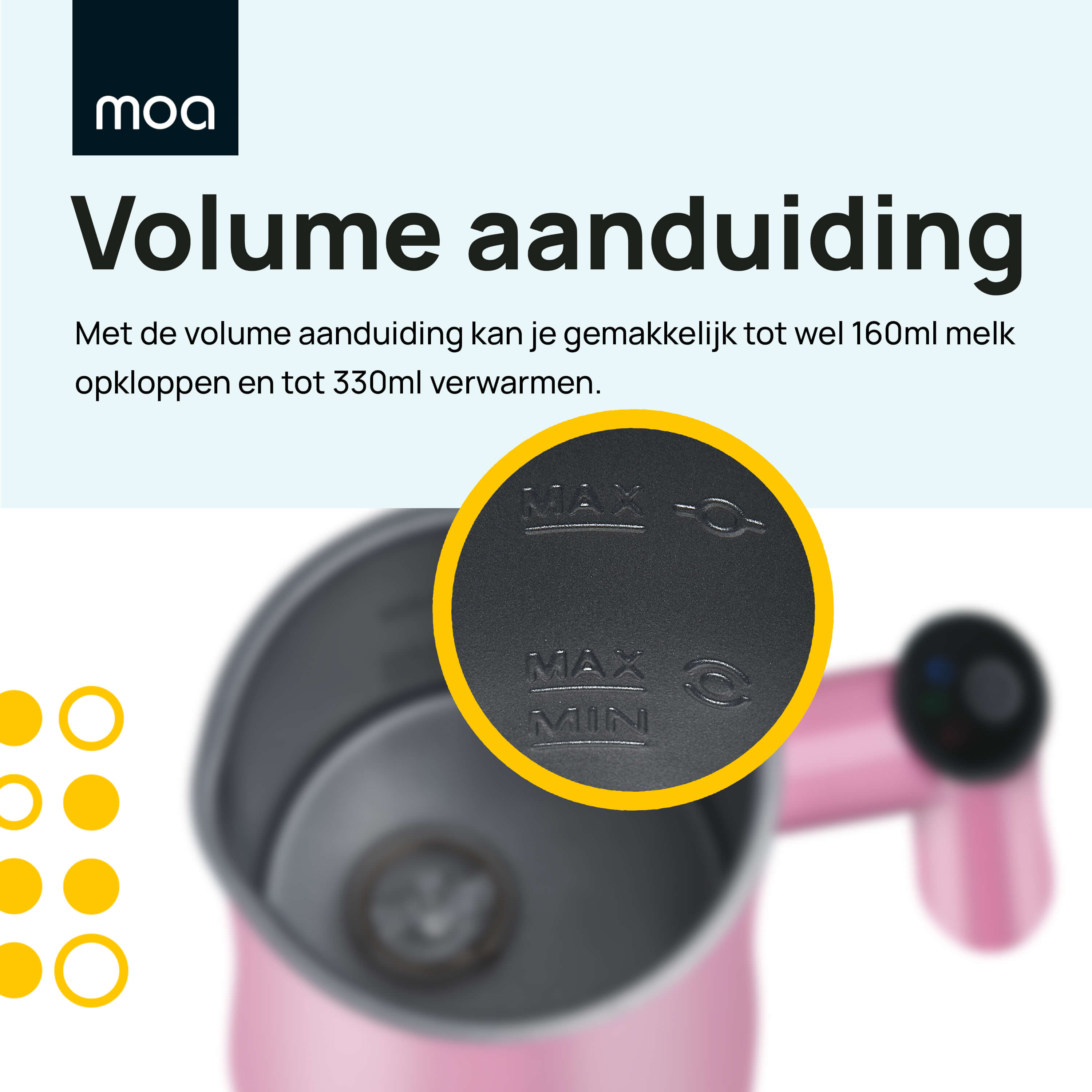 Roze melkopschuimer met volume-indicator. Toont max- en min-niveau-indicatoren voor melk opschuimen en verwarmen.
