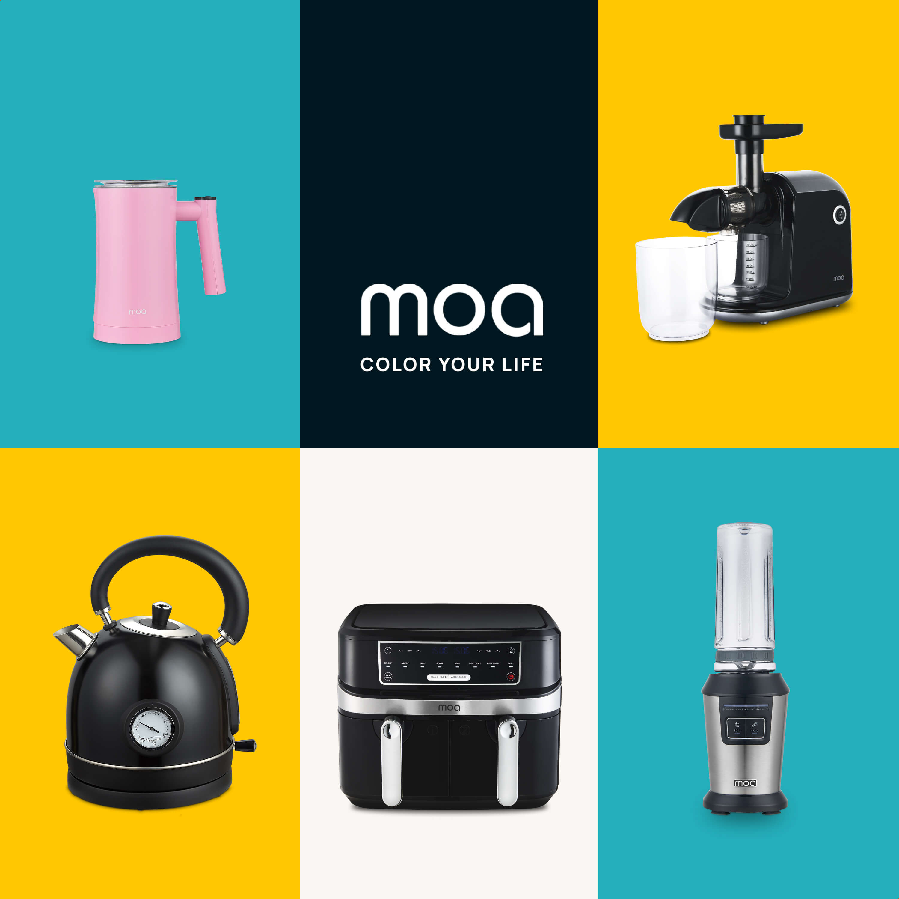 Assortiment van keukenapparaten: een roze blender, een juicer, een zwarte waterkoker, een airfryer en een blender.