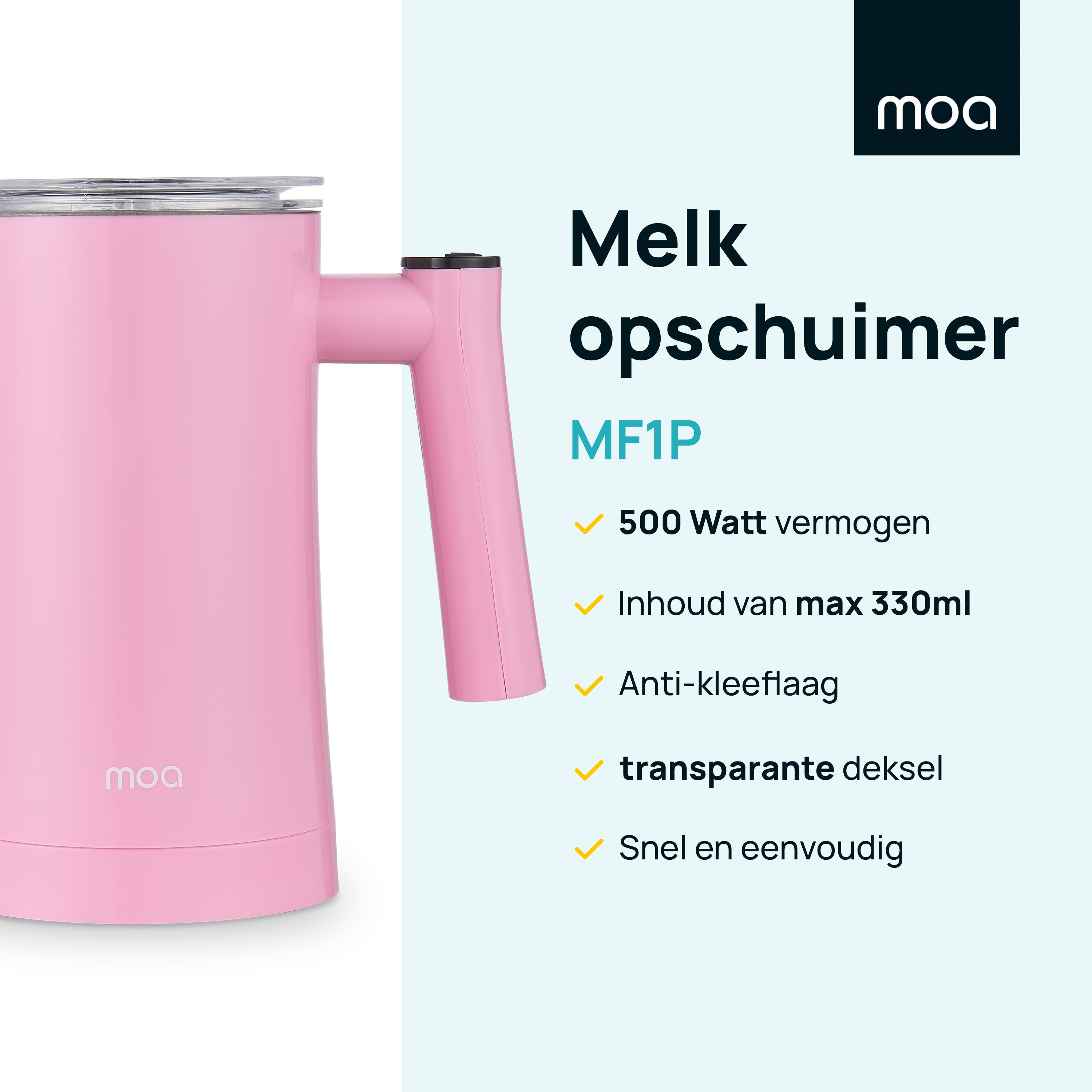 Een advertentie voor een roze melkopschuimer. De tekst benadrukt functies zoals 500W vermogen en een transparante deksel.