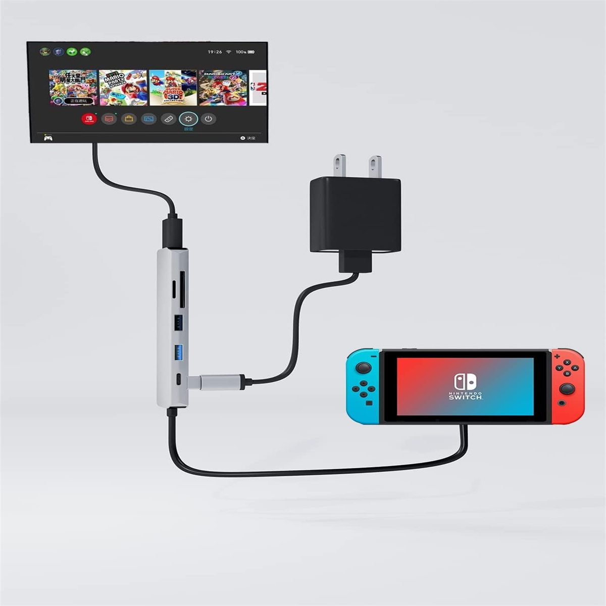Nintendo Switch, an einen Fernseher, ein Ladegerät und einen USB-Hub angeschlossen.