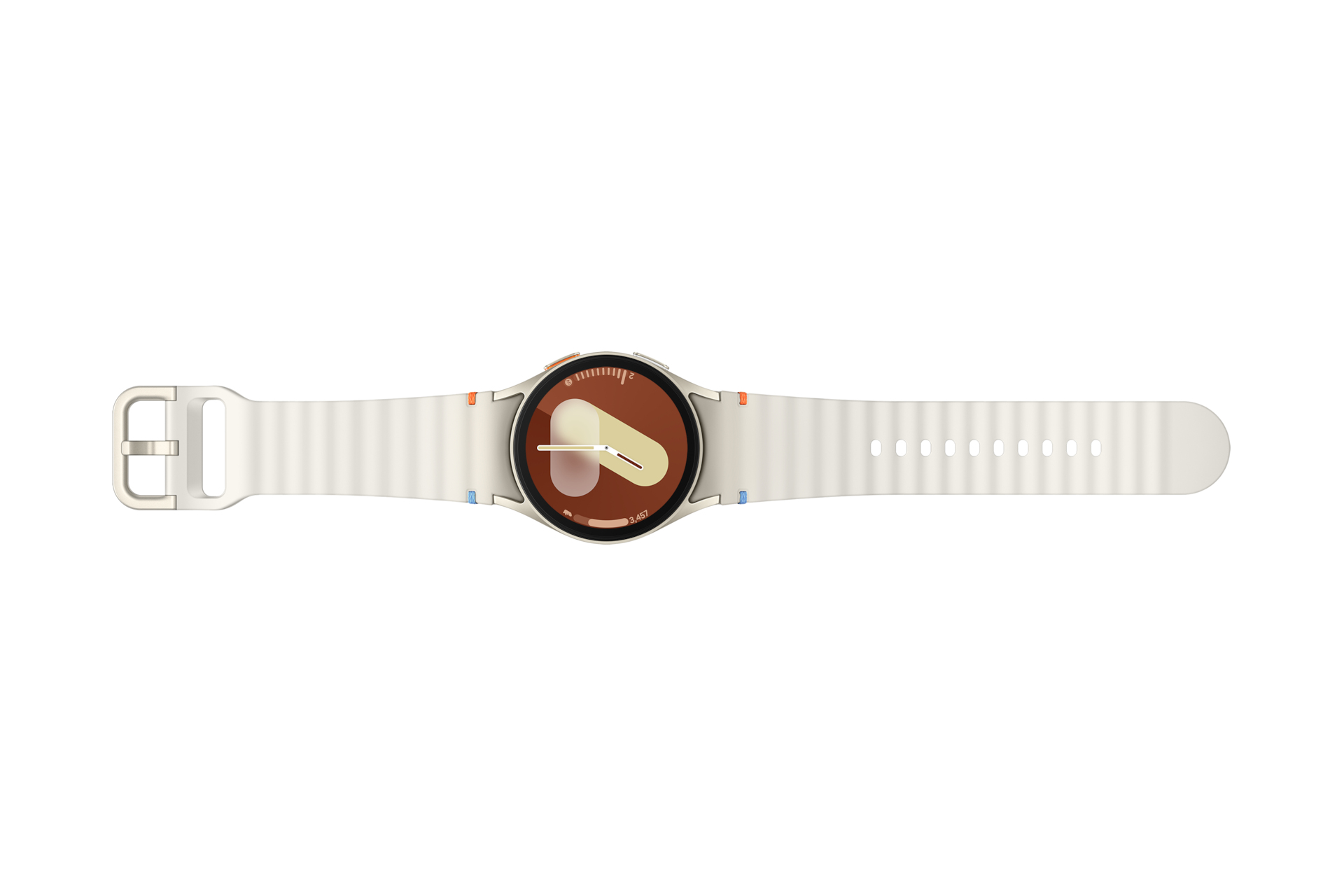 Een witte smartwatch met een witte band, met een bruin en oranje display.