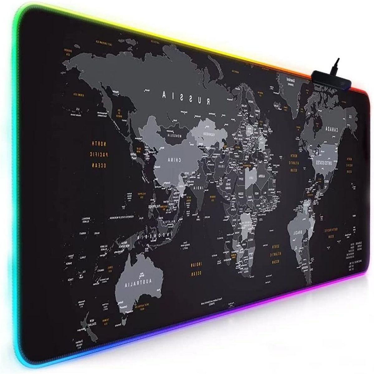 Großes schwarzes Mousepad mit Weltkarte, beleuchtete Kanten in mehreren Farben.