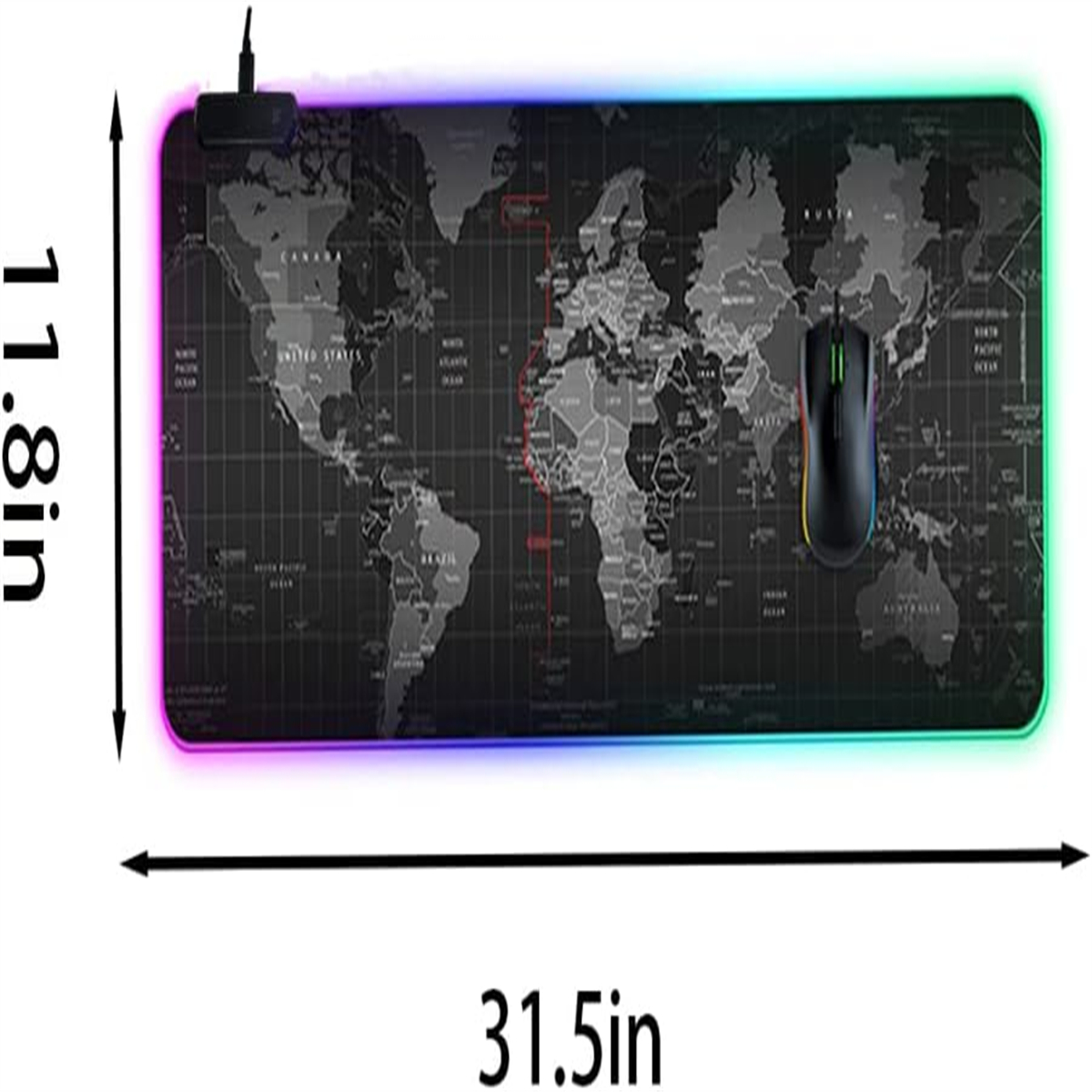 Schwarze Gaming-Maus und Mauspad mit Weltkarten-Design und LED-Leuchten. Abmessungen gezeigt.