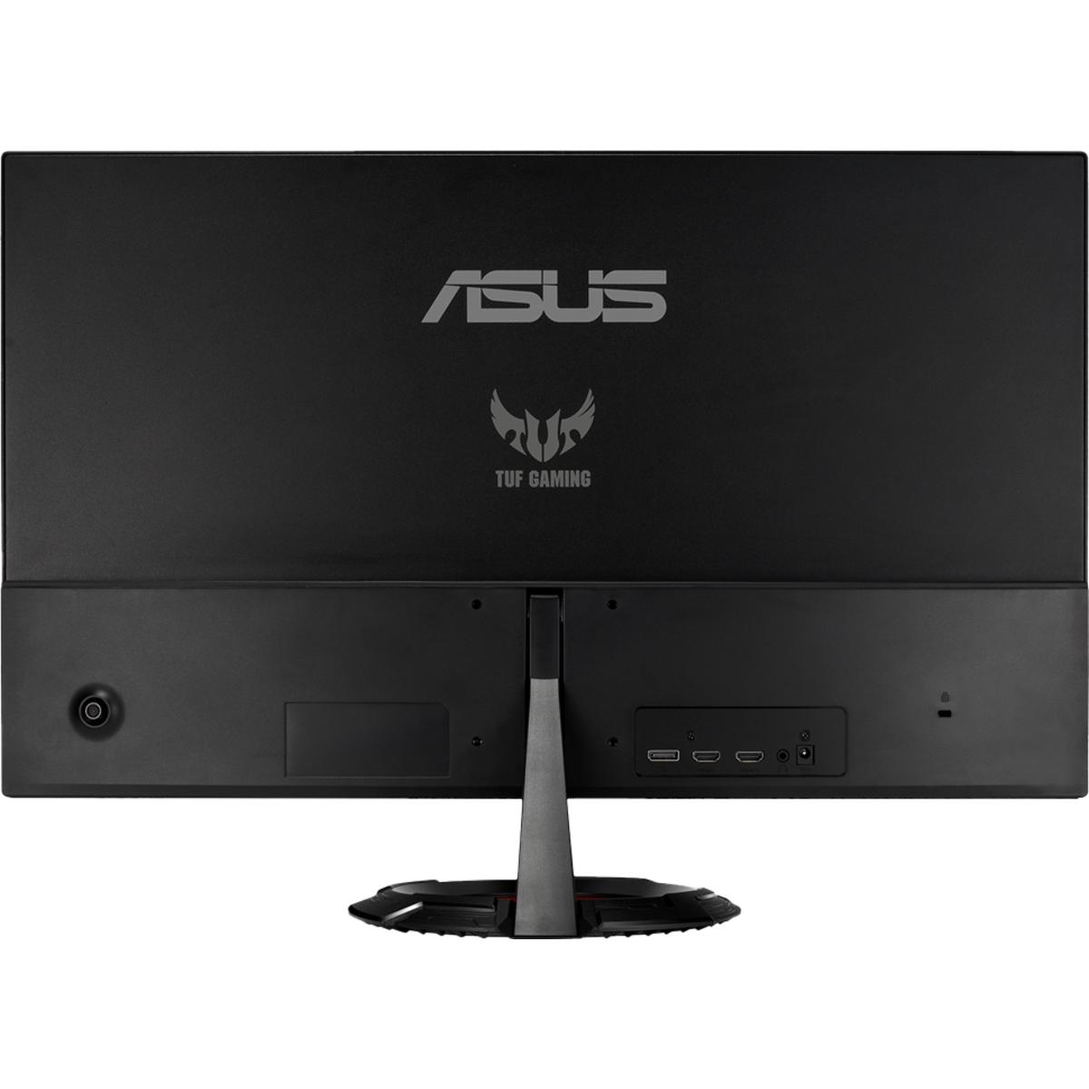 Vista trasera de un monitor ASUS TUF Gaming negro con puertos. El monitor tiene los logotipos de ASUS y TUF Gaming.