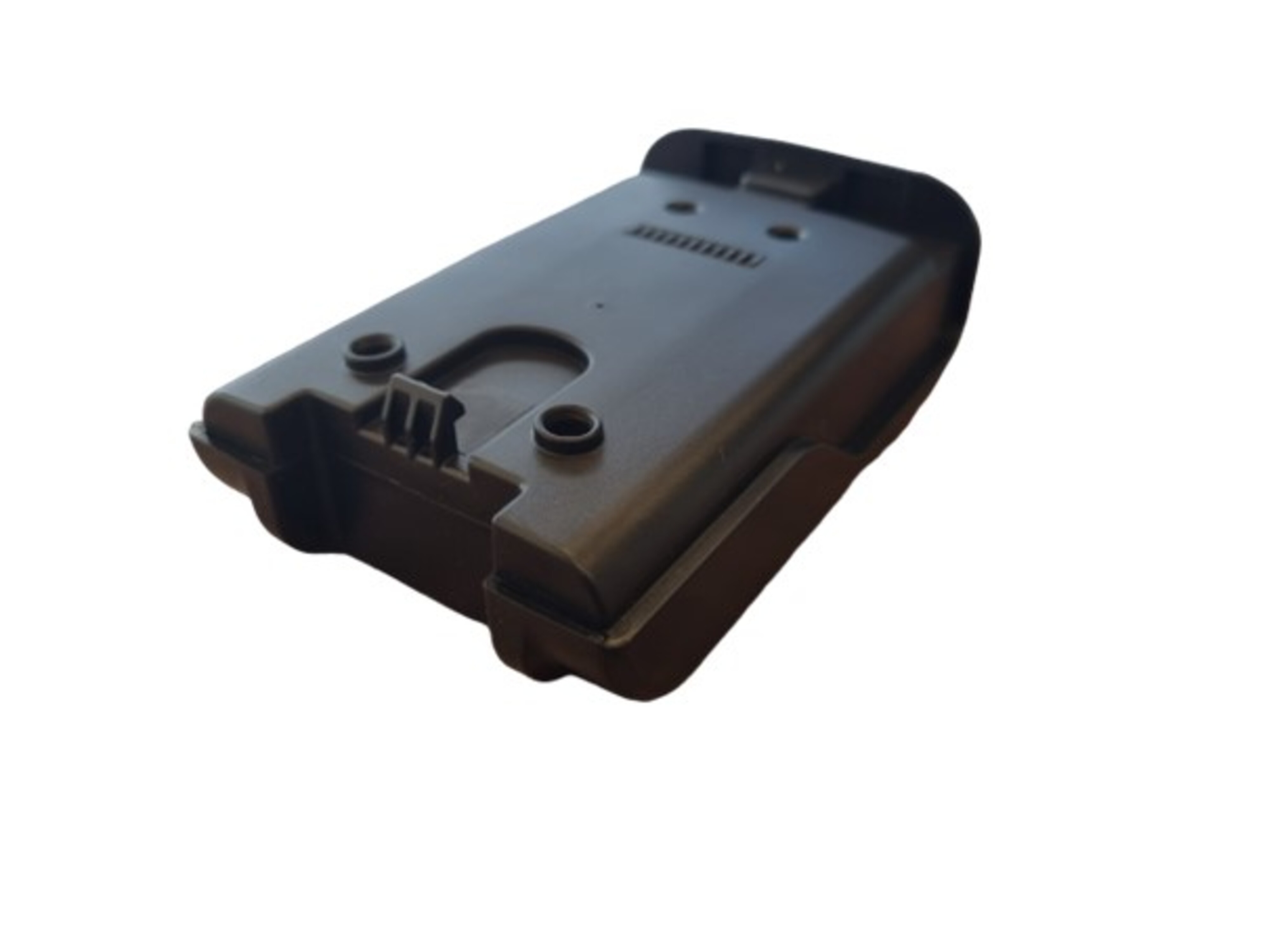 A black, rectangular electronic device, likely a component or part, on a white background.