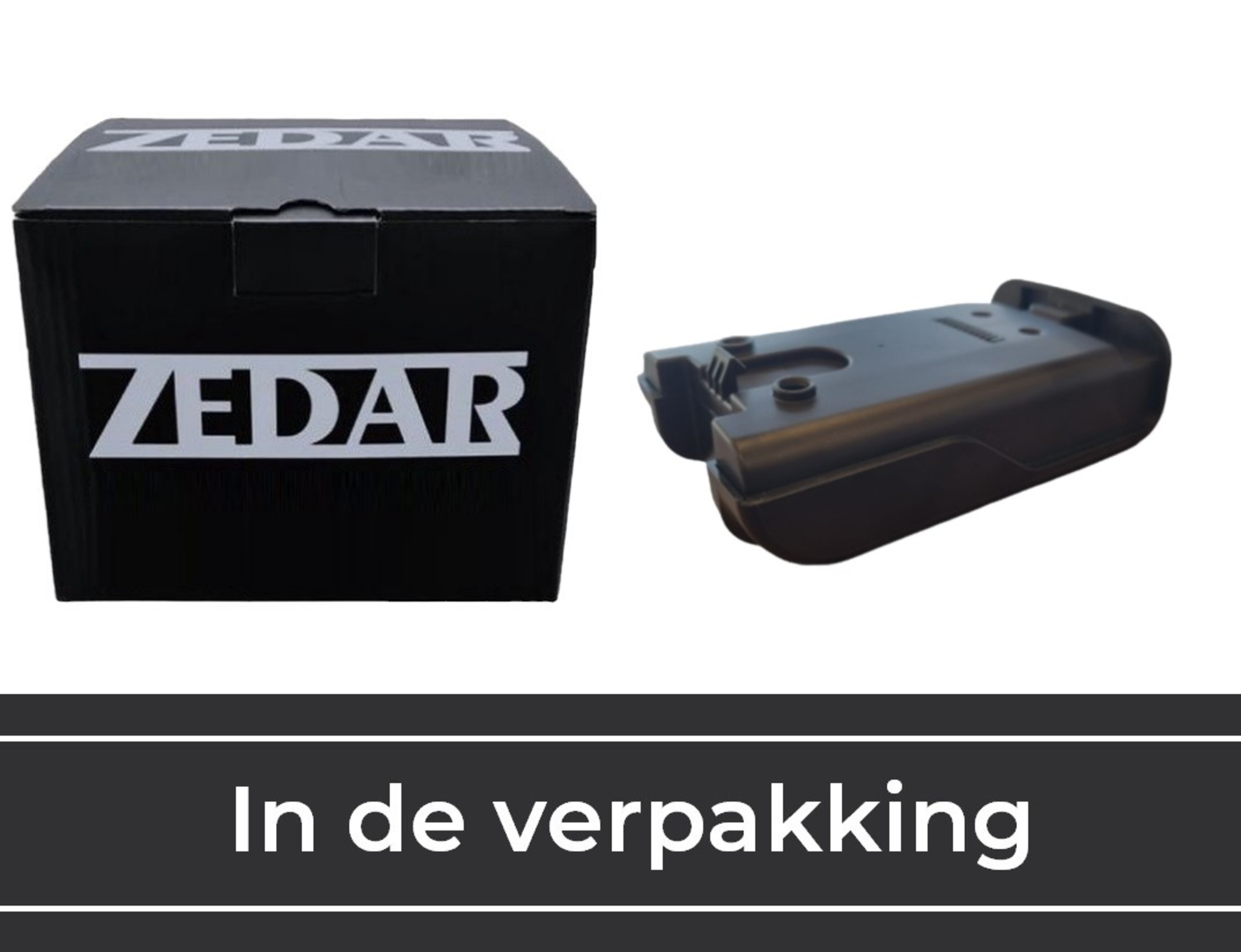 Black ZEDAR box and a black battery pack on a white background, labeled 'In de verpakking'.