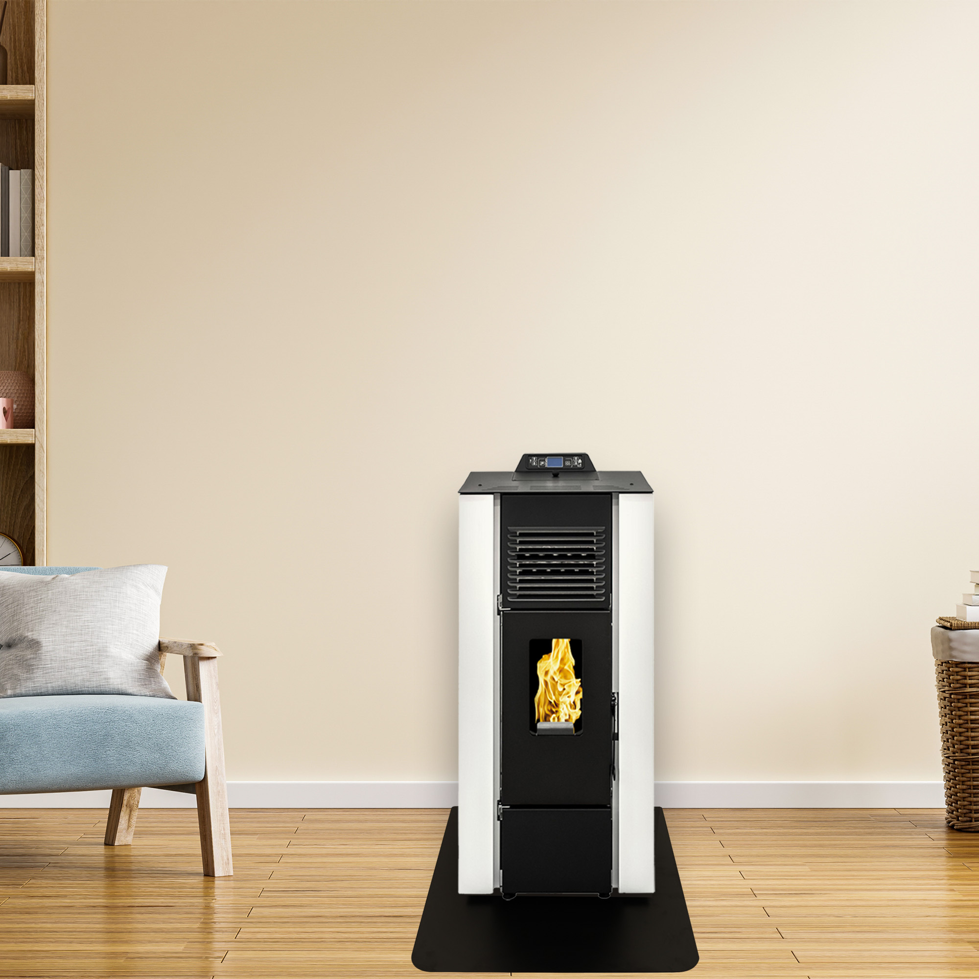 Una estufa de pellets en una habitación. La estufa es blanca y negra, con fuego dentro.