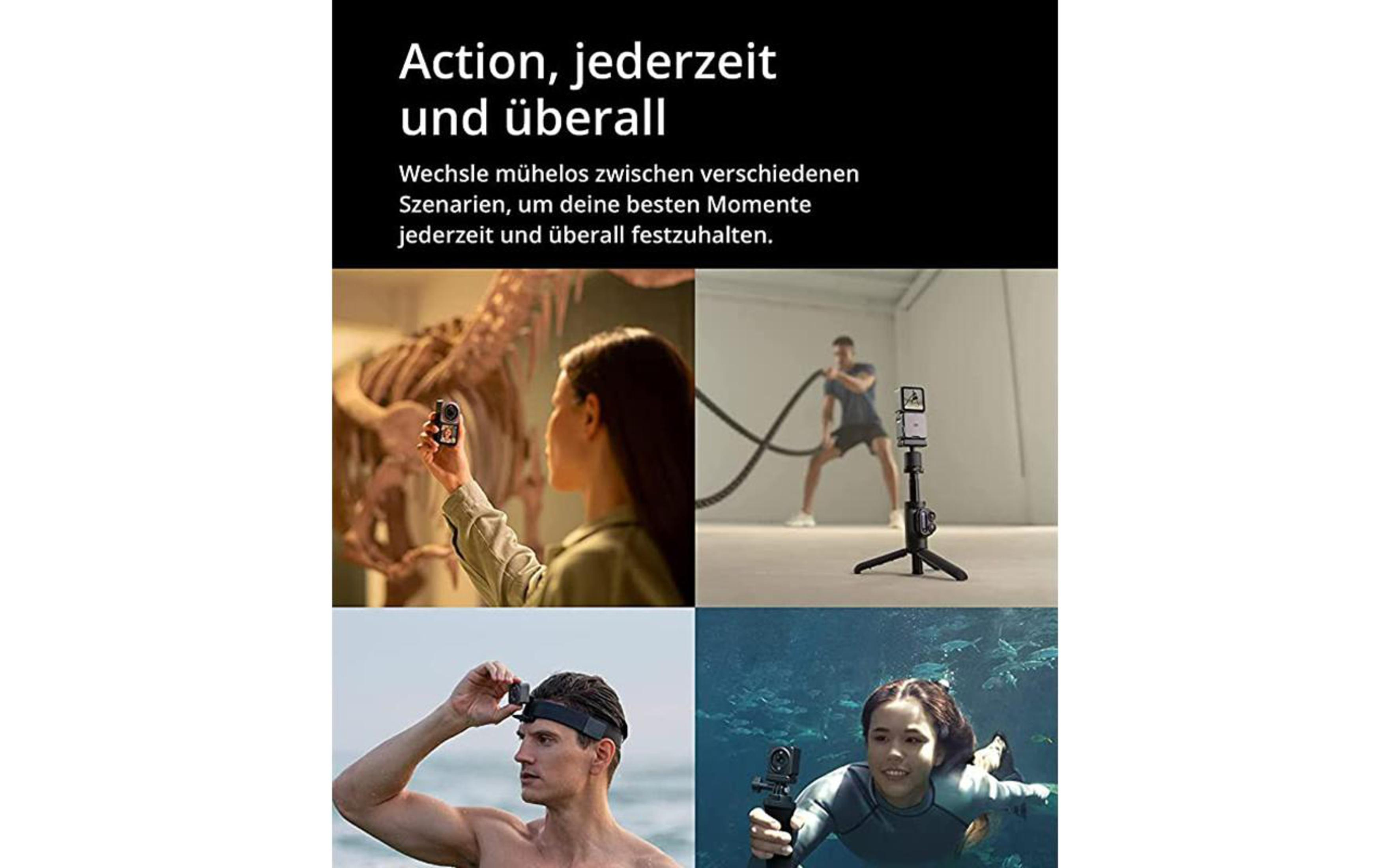 Bilder zeigen Action-Aufnahmen einer Person, die eine kleine Kamera in verschiedenen Szenarien verwendet.