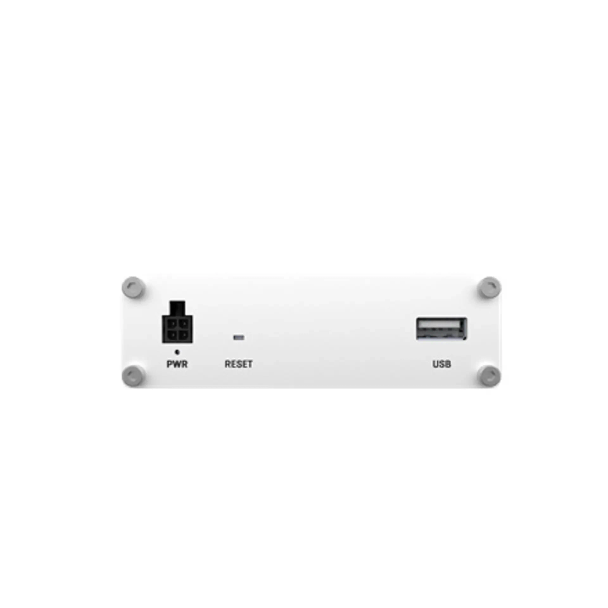 Un dispositivo elettronico bianco con porte ed etichette PWR, RESET e USB, posto su uno sfondo bianco.