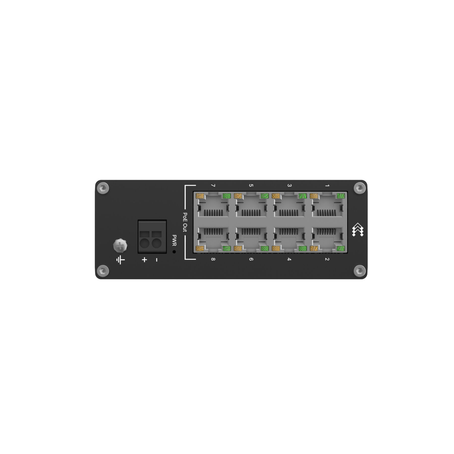 Appareil réseau noir avec ports, vue de dessus avec vis.
