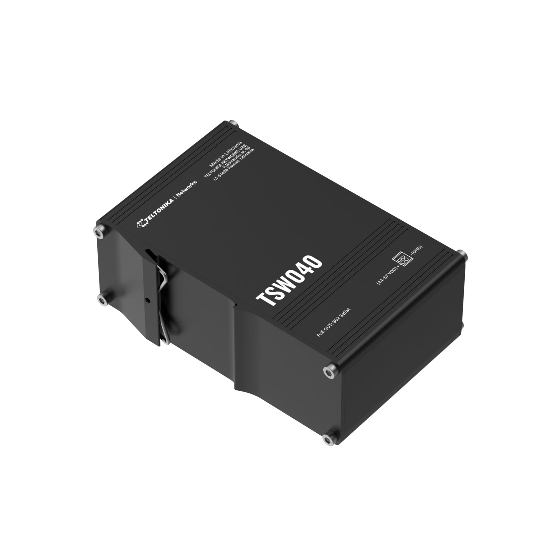 Appareil électronique noir avec l'étiquette "TSW040" et le logo Teltonika Networks.