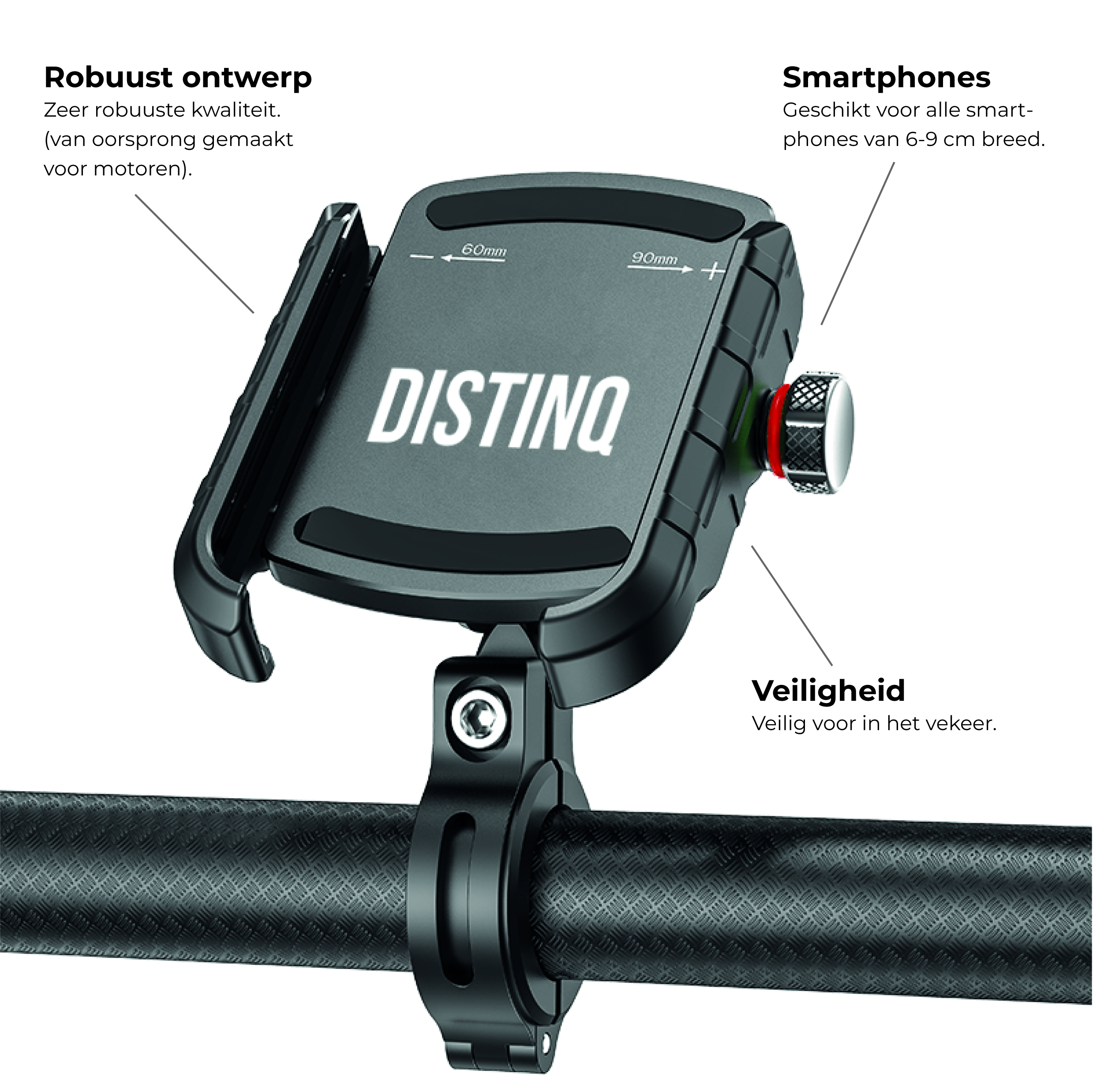 Black phone holder attached to a black handlebar. The phone holder has Distinq logo.