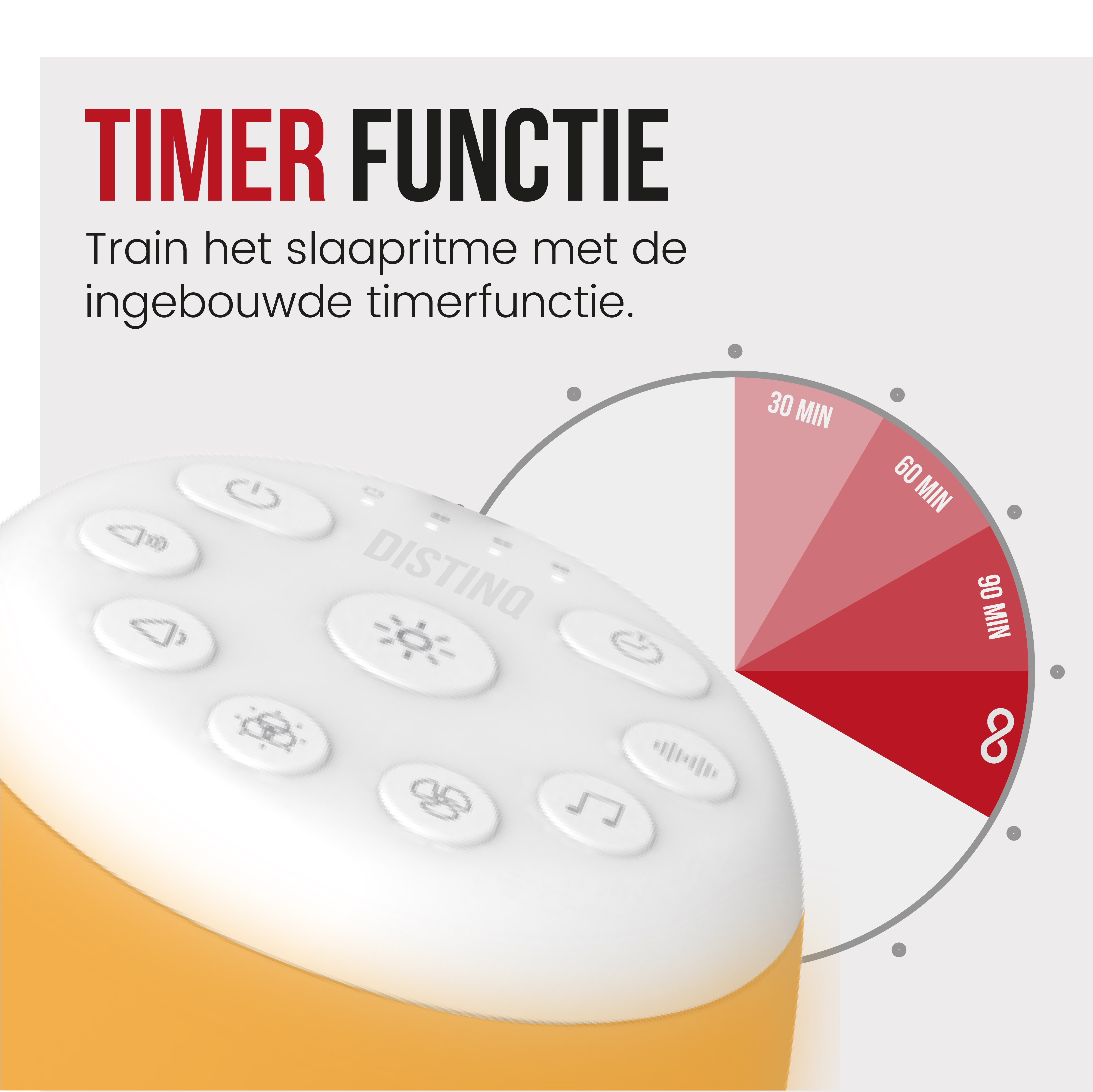 A white and yellow timer with a dial showing time intervals, text above reads 'TIMER FUNCTIE'.