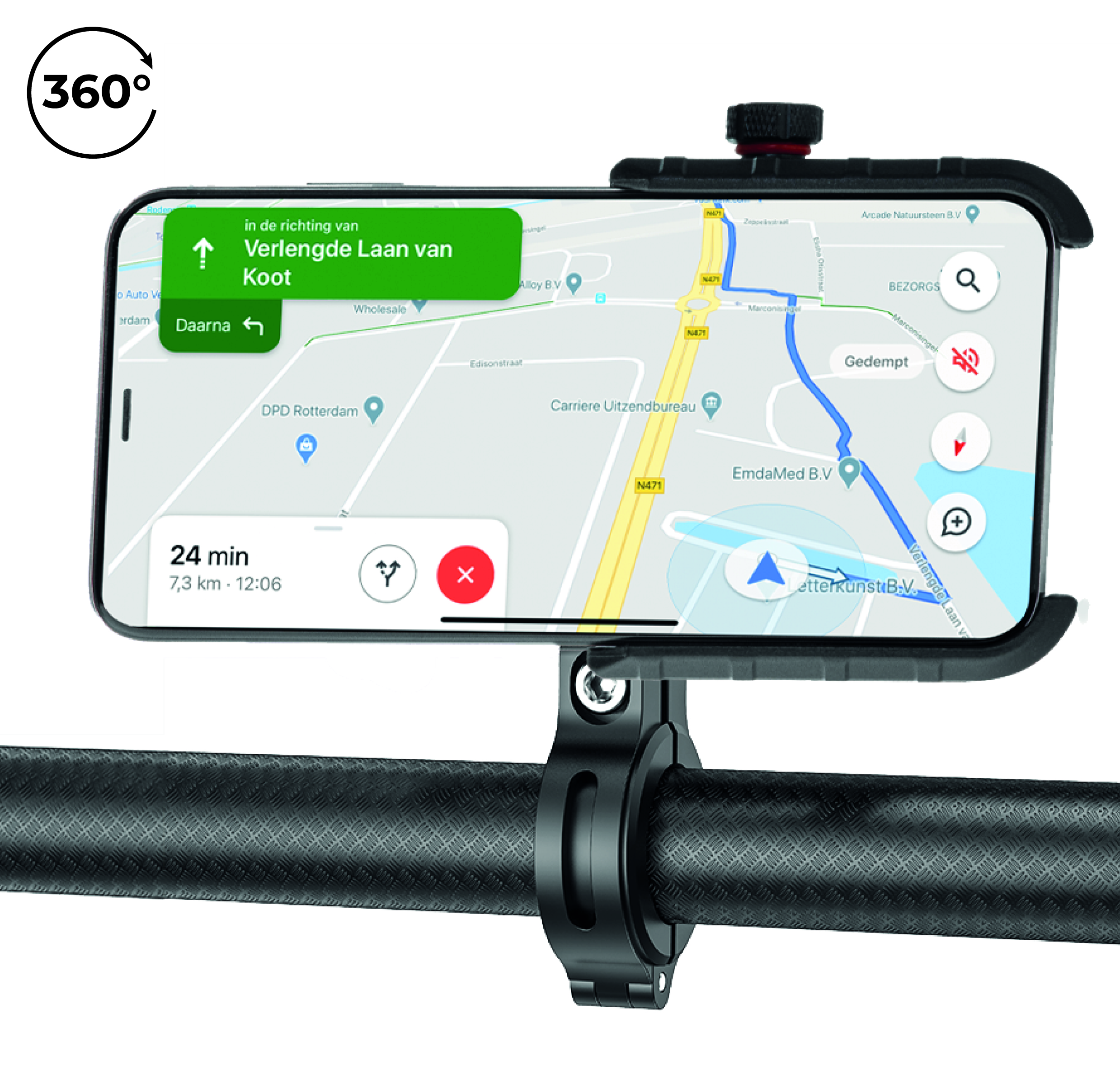 A phone on a bike holder with a map, text indicates 360° rotation.