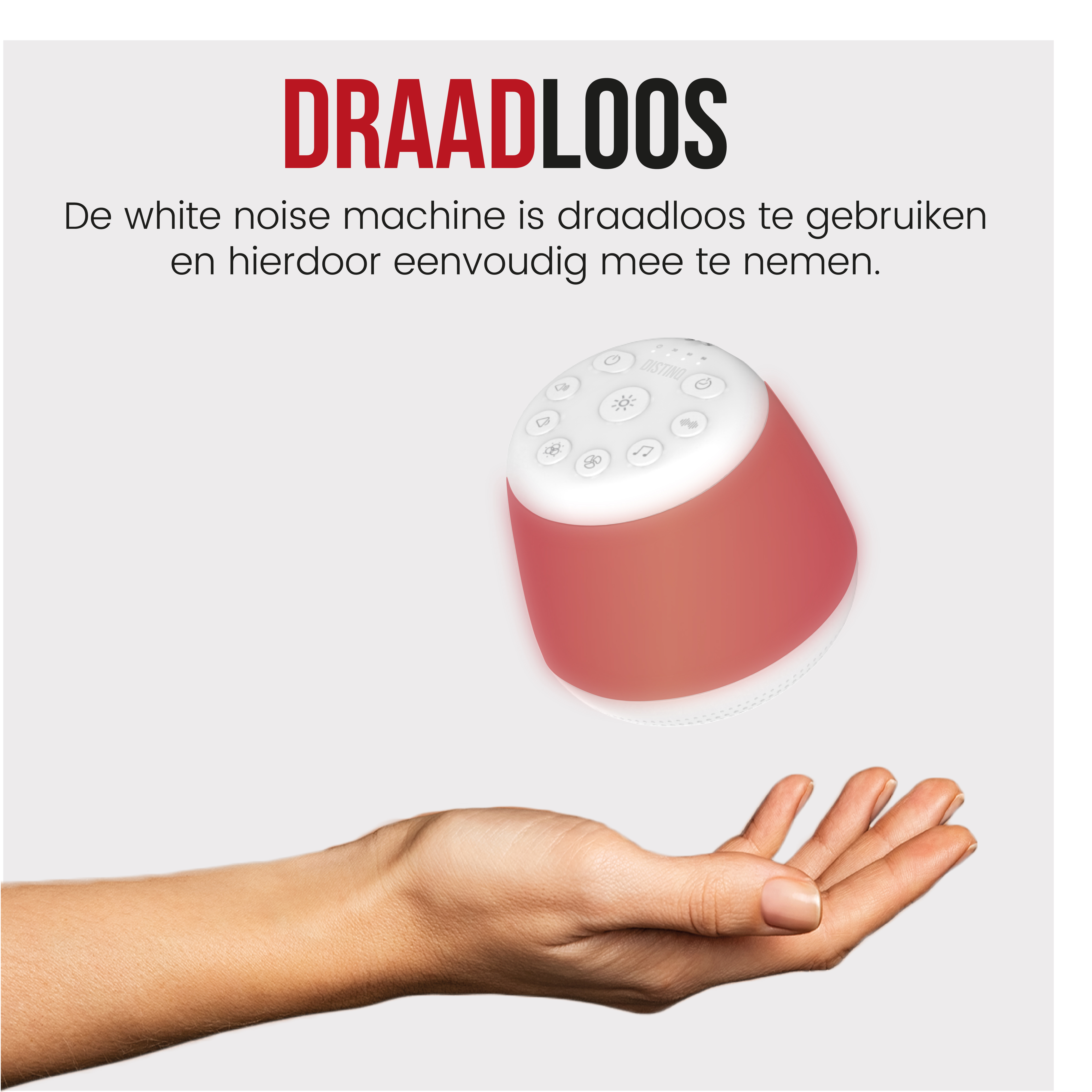 A red and white noise machine with a hand reaching out. Text says 'wireless'.