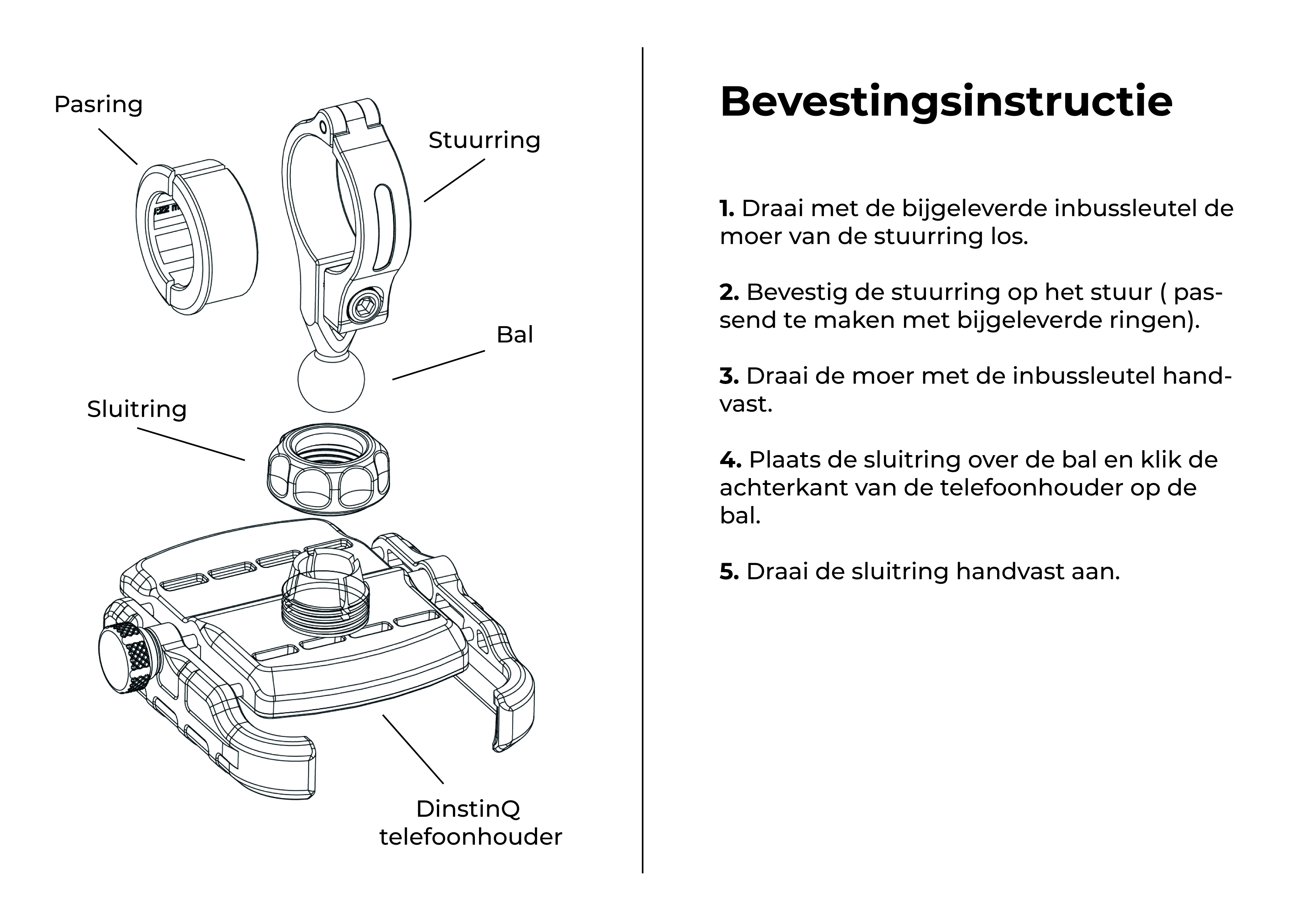 Diagram showing parts of a phone holder and instructions. White background.