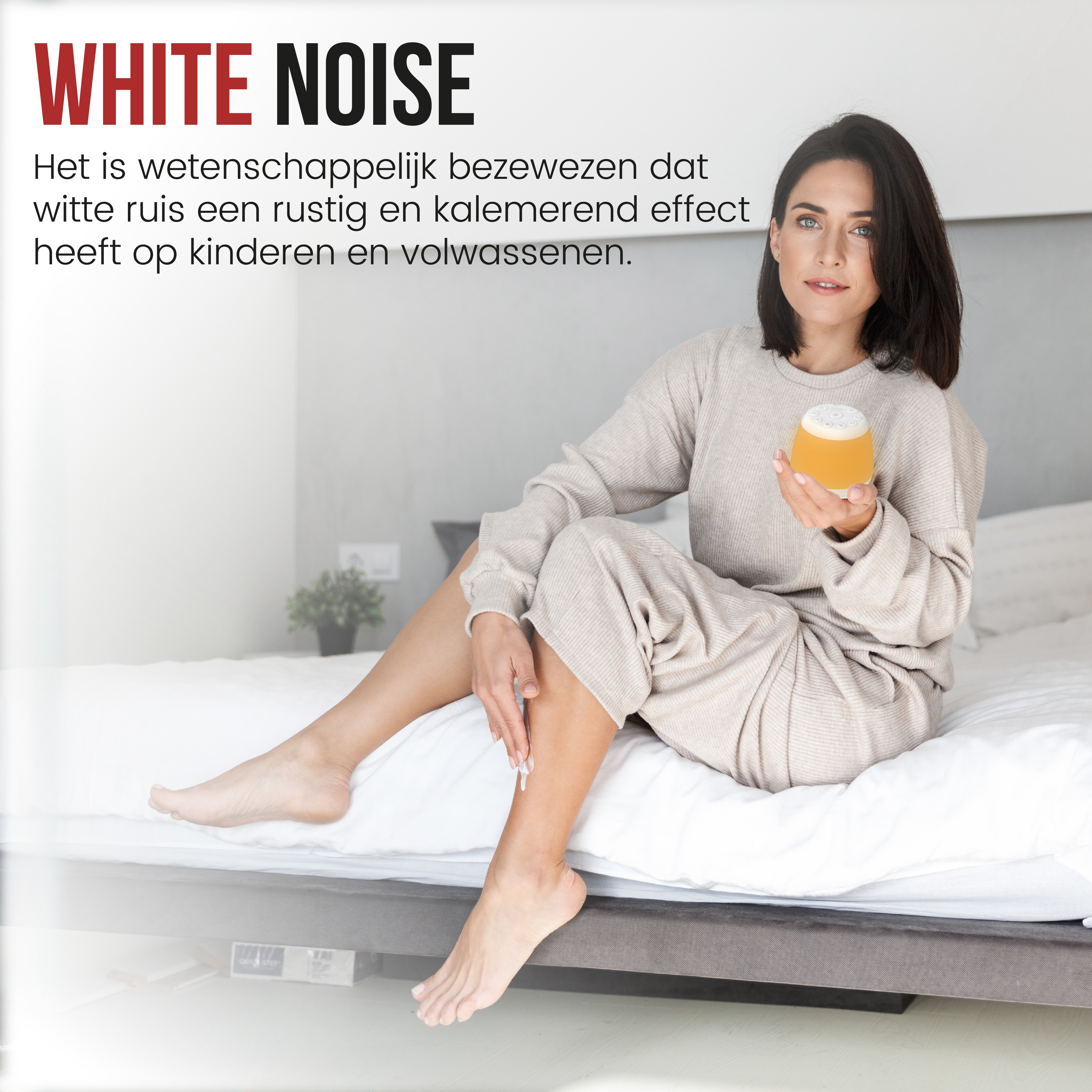 Woman sitting on bed holding a glass. Text: White Noise. Bedroom background.