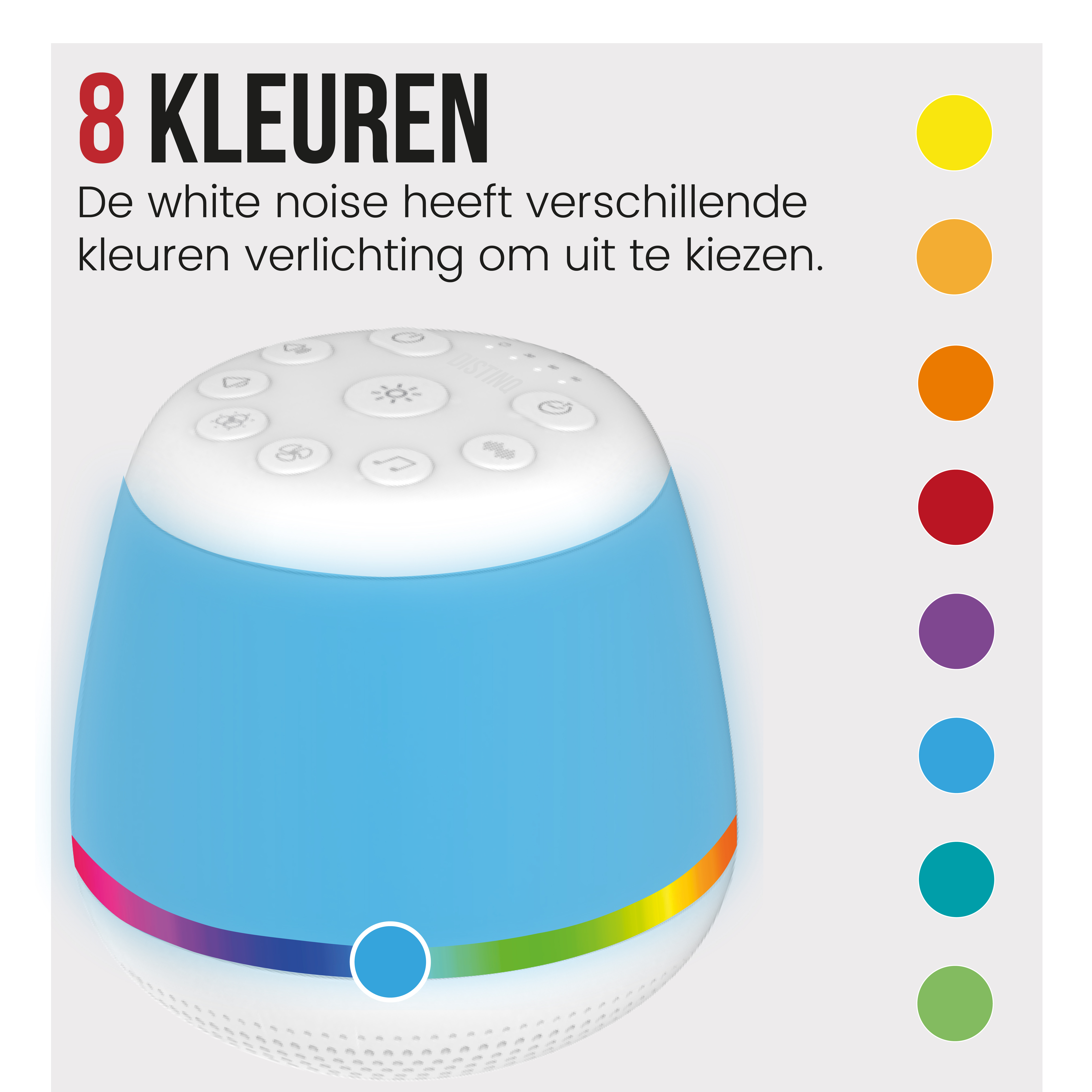 Blue and white night light with 8 color options, various buttons, and a rainbow ring.