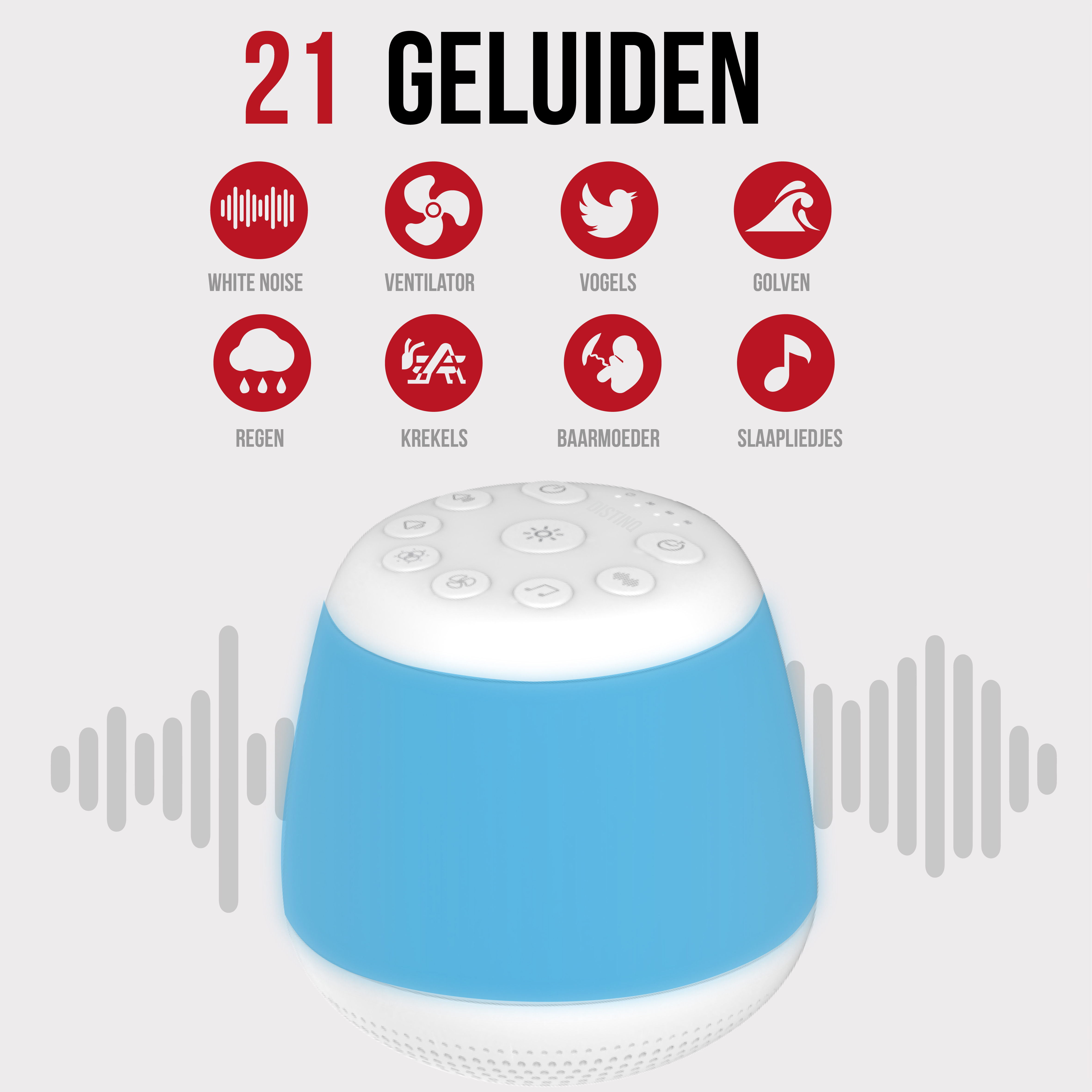 A white and blue sound machine with sound icons. Text shows sound options: white noise, etc.