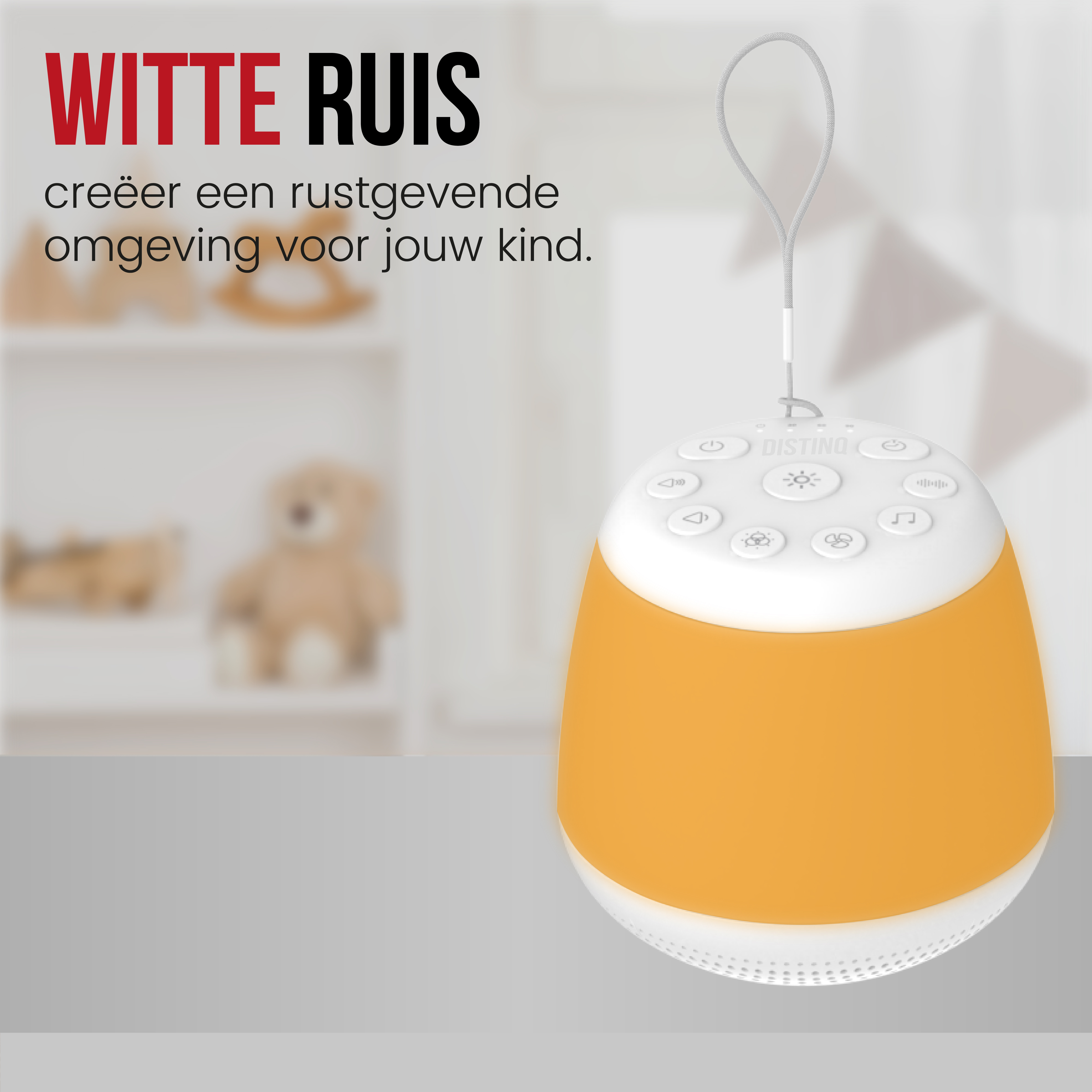 Orange and white sound machine for children, with a neutral background.
