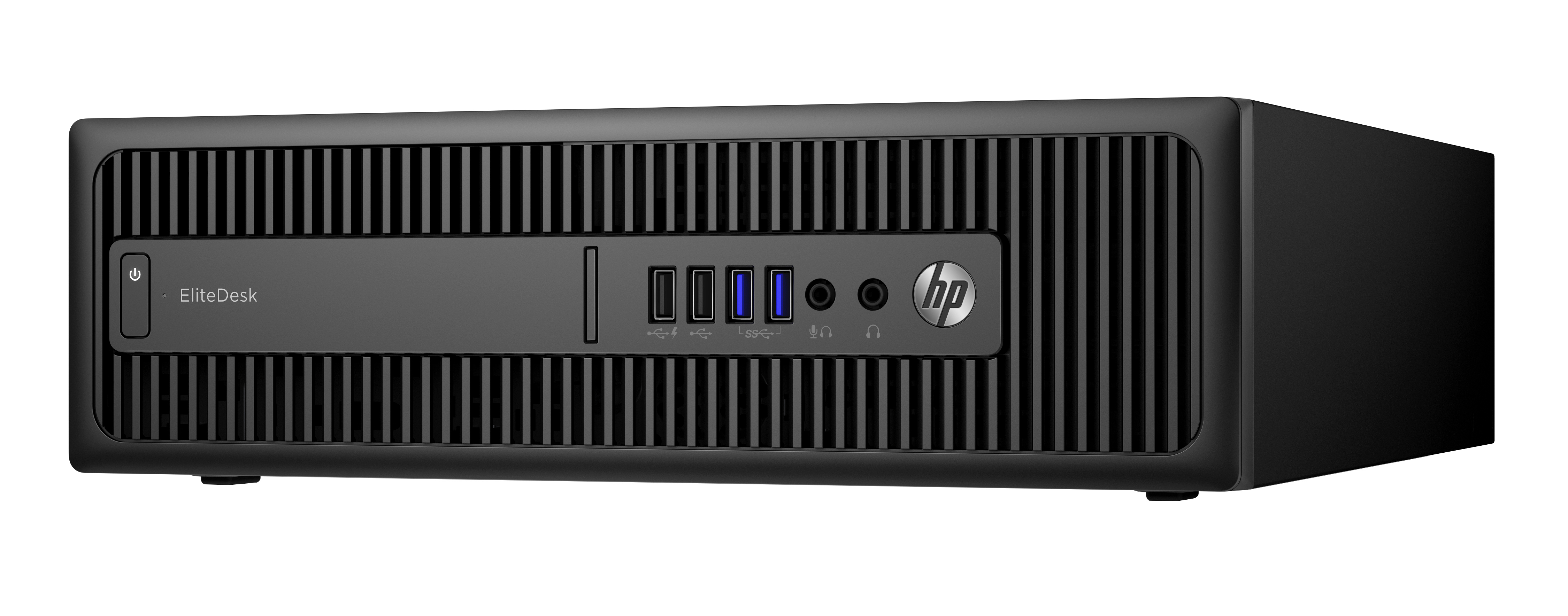 Ordenador de sobremesa HP EliteDesk negro. Tiene un botón de encendido, puertos USB y un logotipo de HP en la parte frontal.