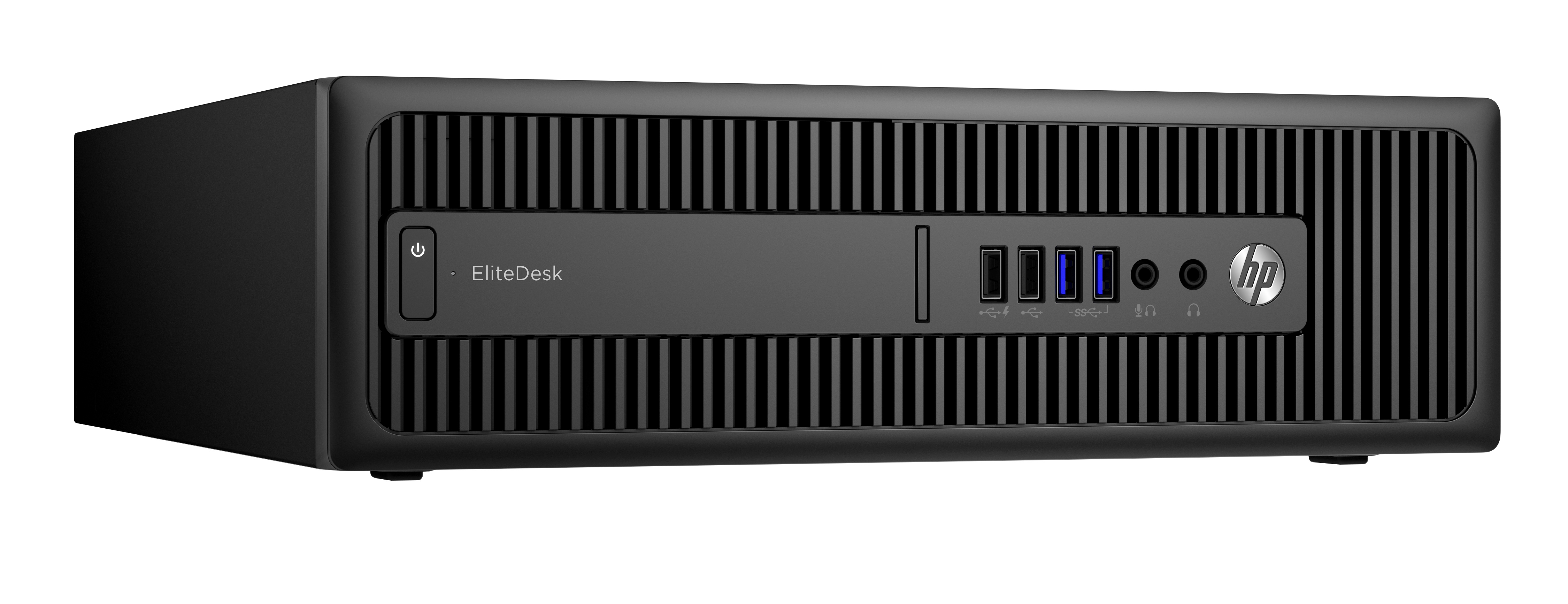 Ordenador de sobremesa negro. El frontal tiene un botón de encendido, puertos USB y una etiqueta EliteDesk.