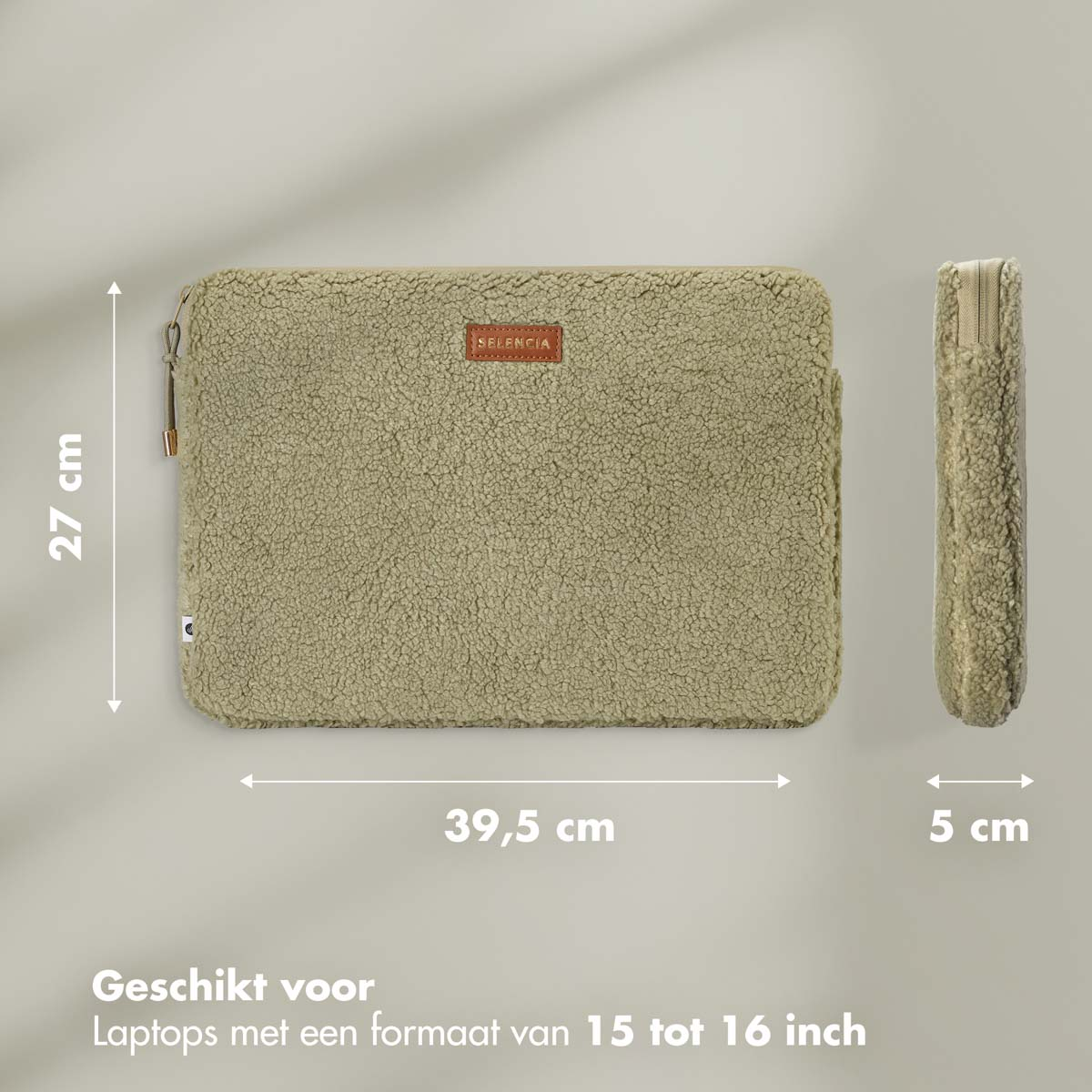 A beige laptop sleeve with dimensions. 39.5x27cm, 5cm side view, and SELENCIA label.