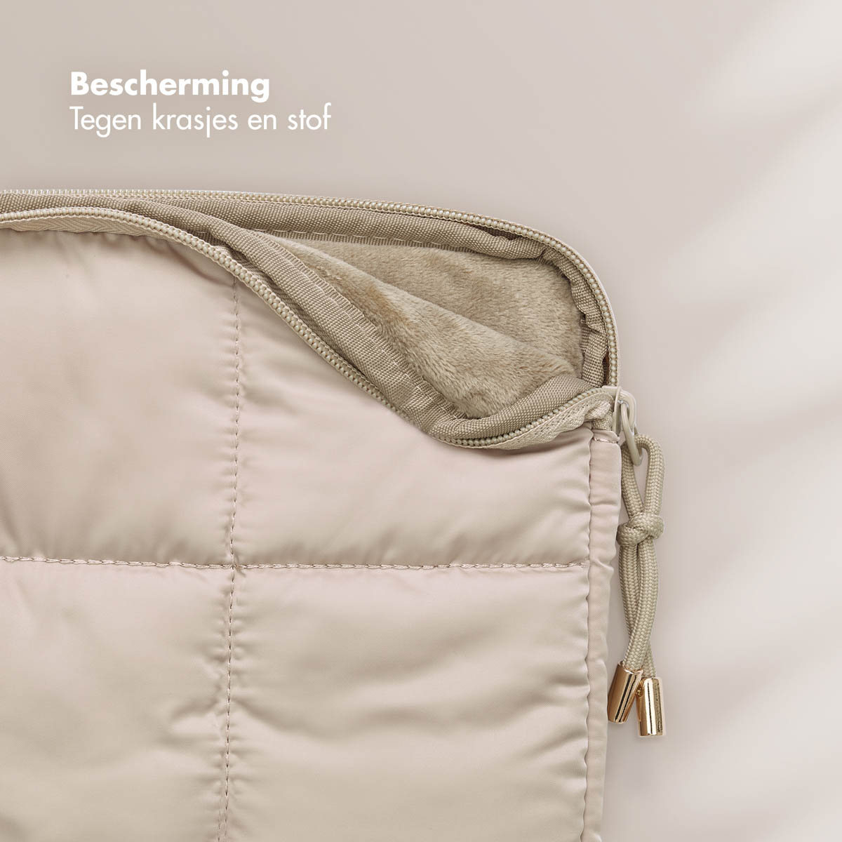 Beige padded laptop sleeve with zipper partially open. Inner faux fur is visible.
