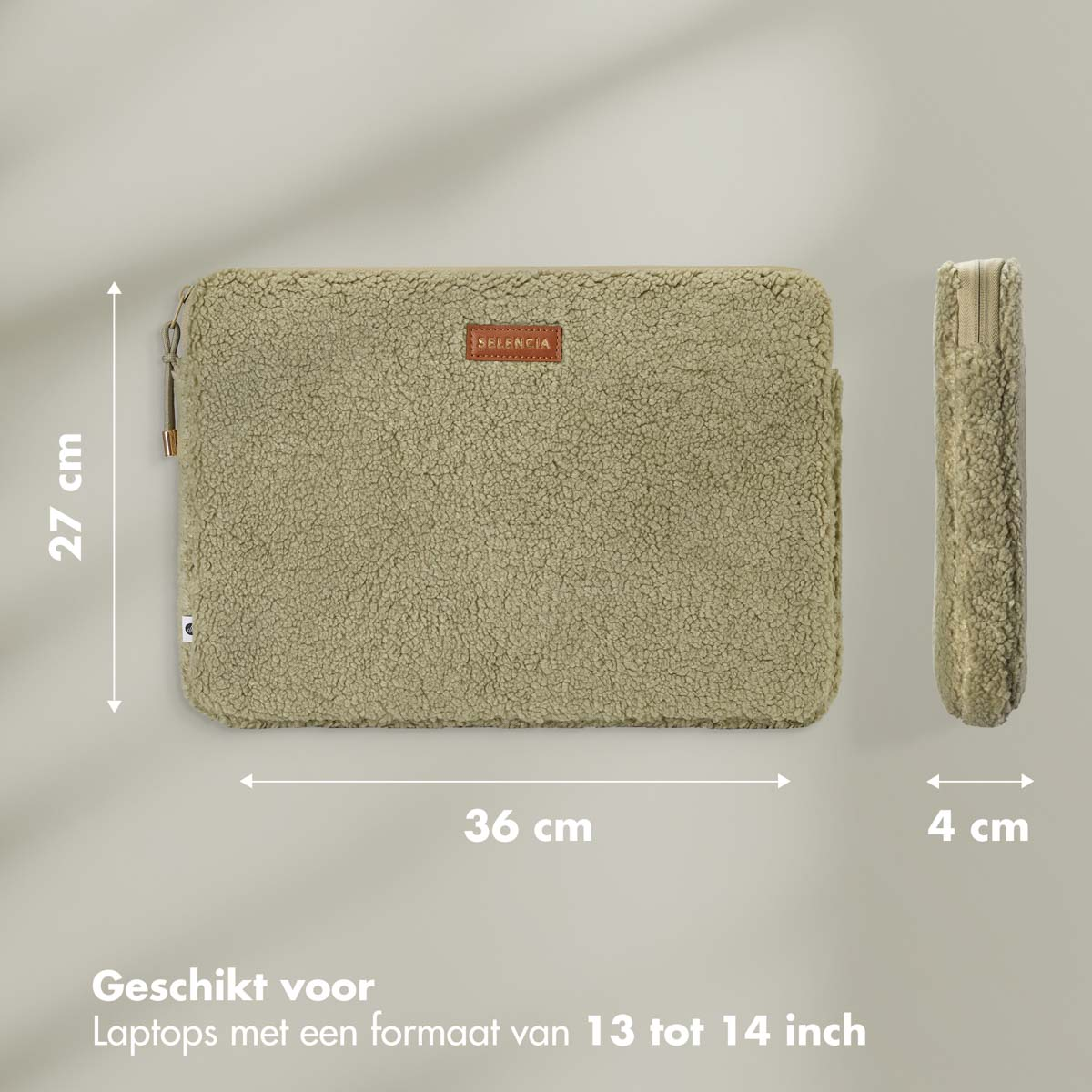 Green laptop sleeve with dimensions: 36 cm x 27 cm x 4 cm. Text: Suitable for 13-14 inch laptops. Side view shown.