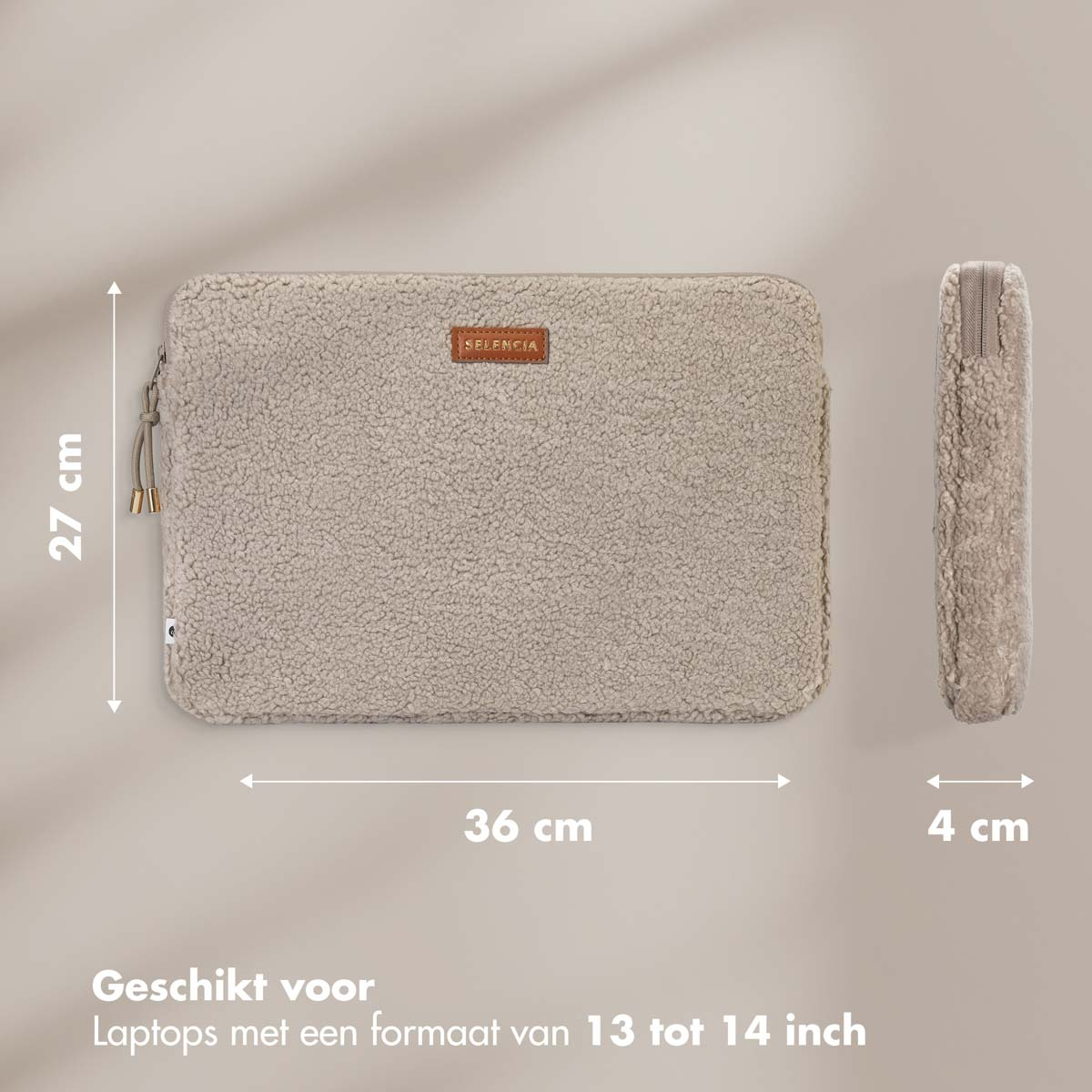 Beige teddy laptop case with dimensions.