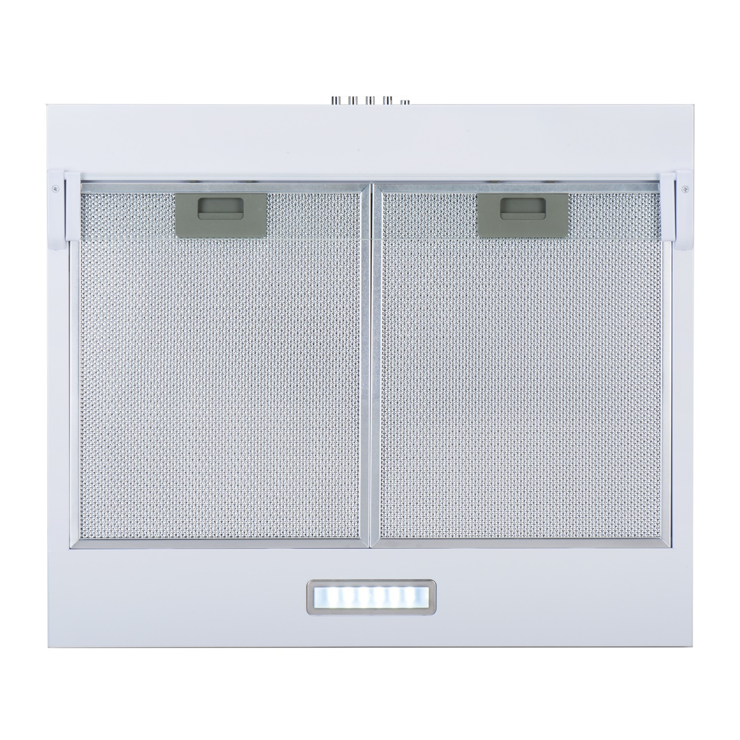 Eine weiße Dunstabzugshaube mit zwei Mesh-Filtern und einem kleinen LED-Licht.