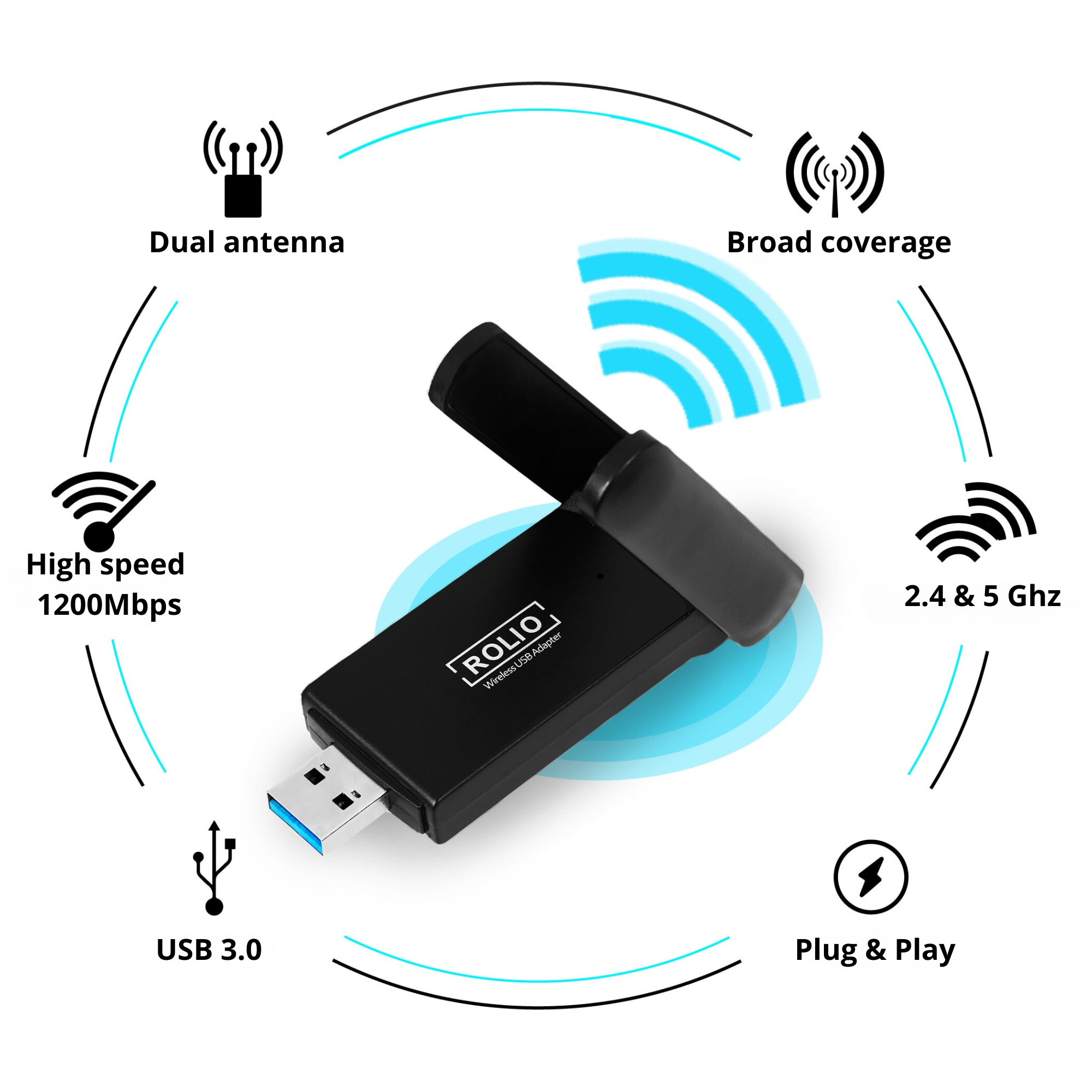 Black USB adapter with a blue USB 3.0 connector and dual antennas.