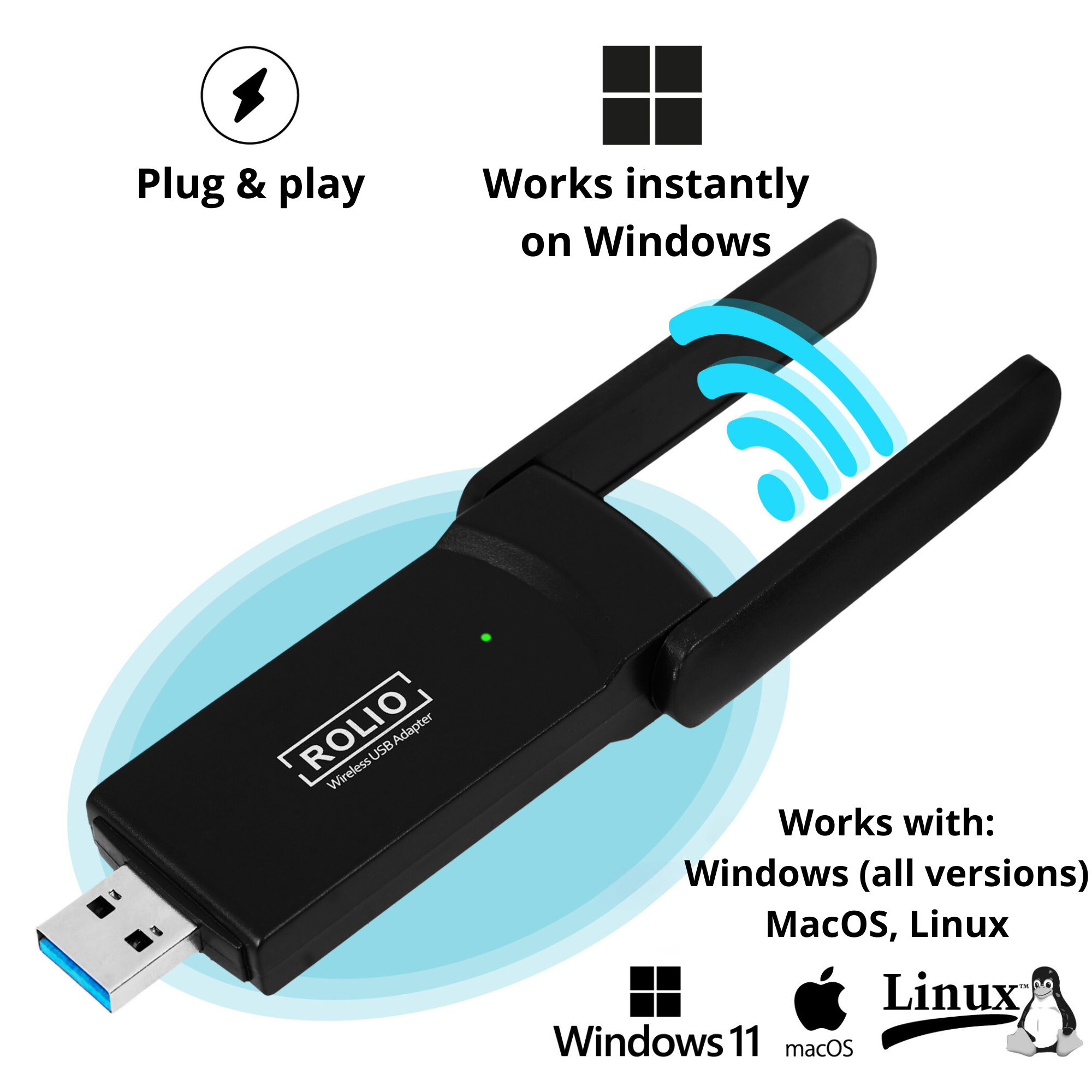 Black USB WiFi adapter. Text says 'Plug & play' and 'Works instantly on Windows'. Shows WiFi signal.