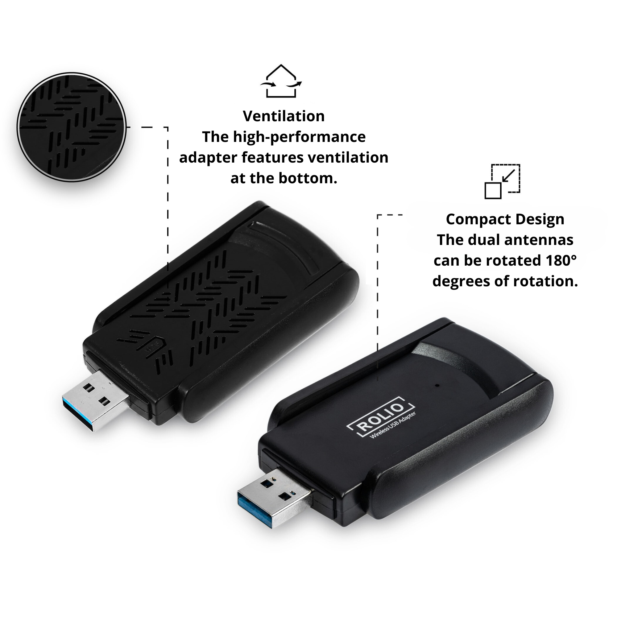 Two black USB WiFi adapters with antennas. One is plugged in, the other displays features.