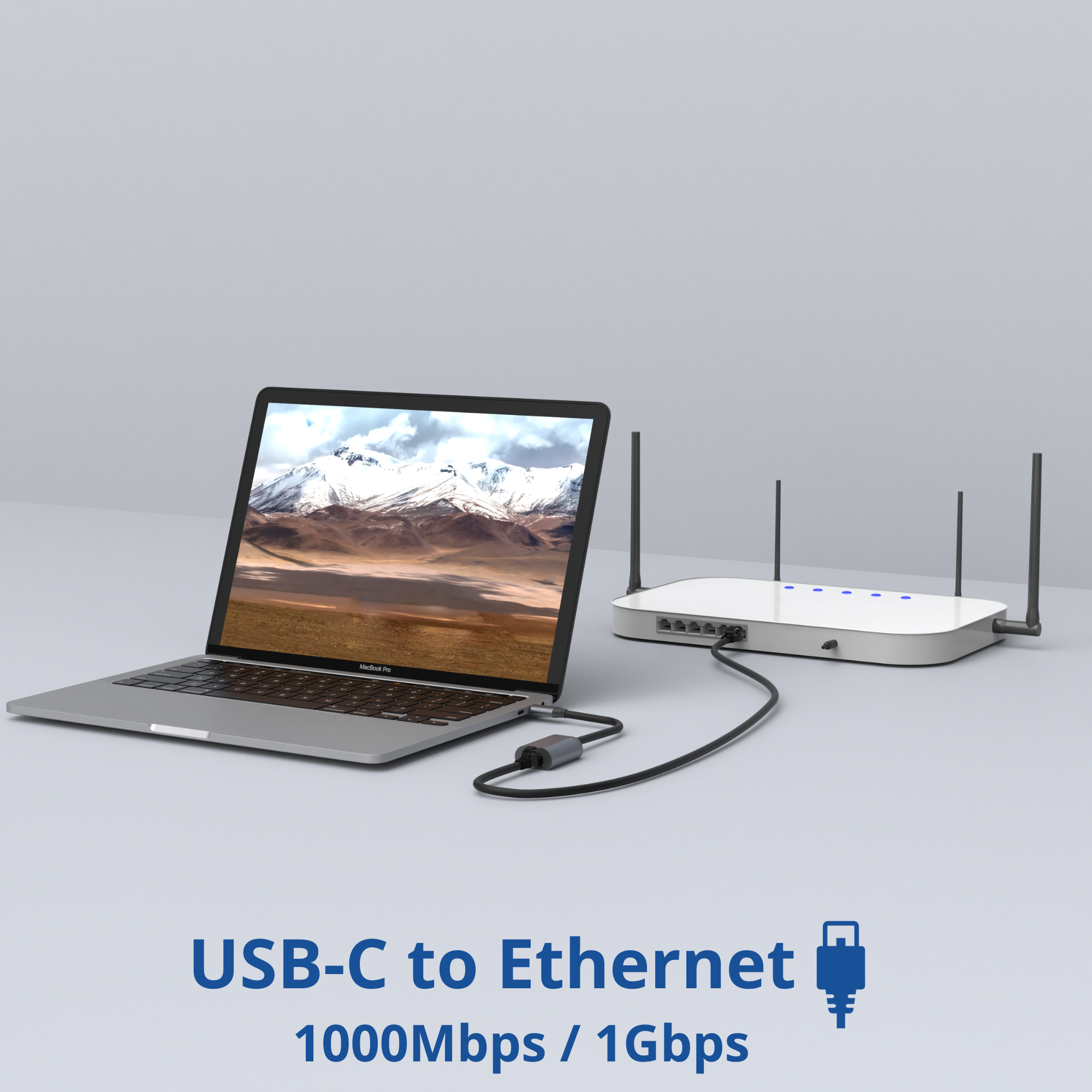Ordinateur portable connecté à un routeur via un câble USB-C vers Ethernet. Texte : USB-C vers Ethernet 1000Mbps / 1Gbps.