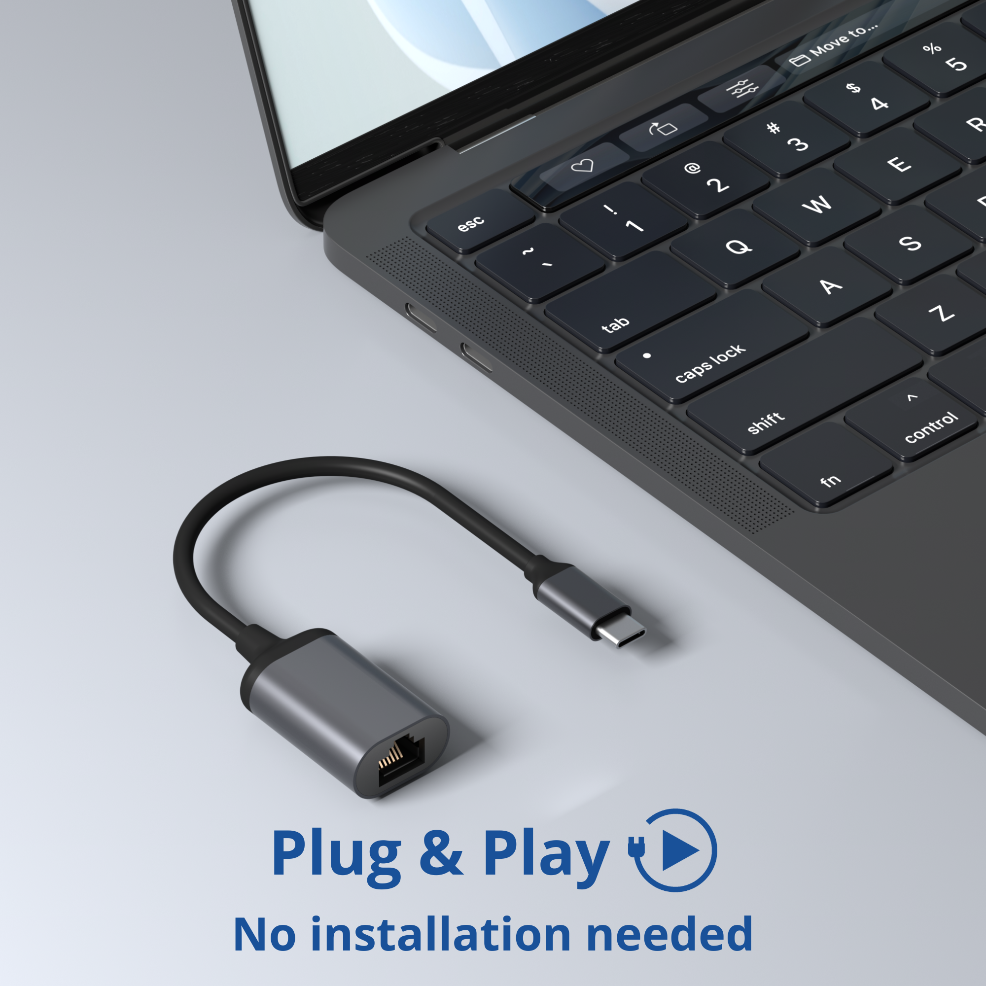 Clavier d'ordinateur portable avec un adaptateur USB-C vers Ethernet gris. Texte : Plug & Play, Aucune installation nécessaire.