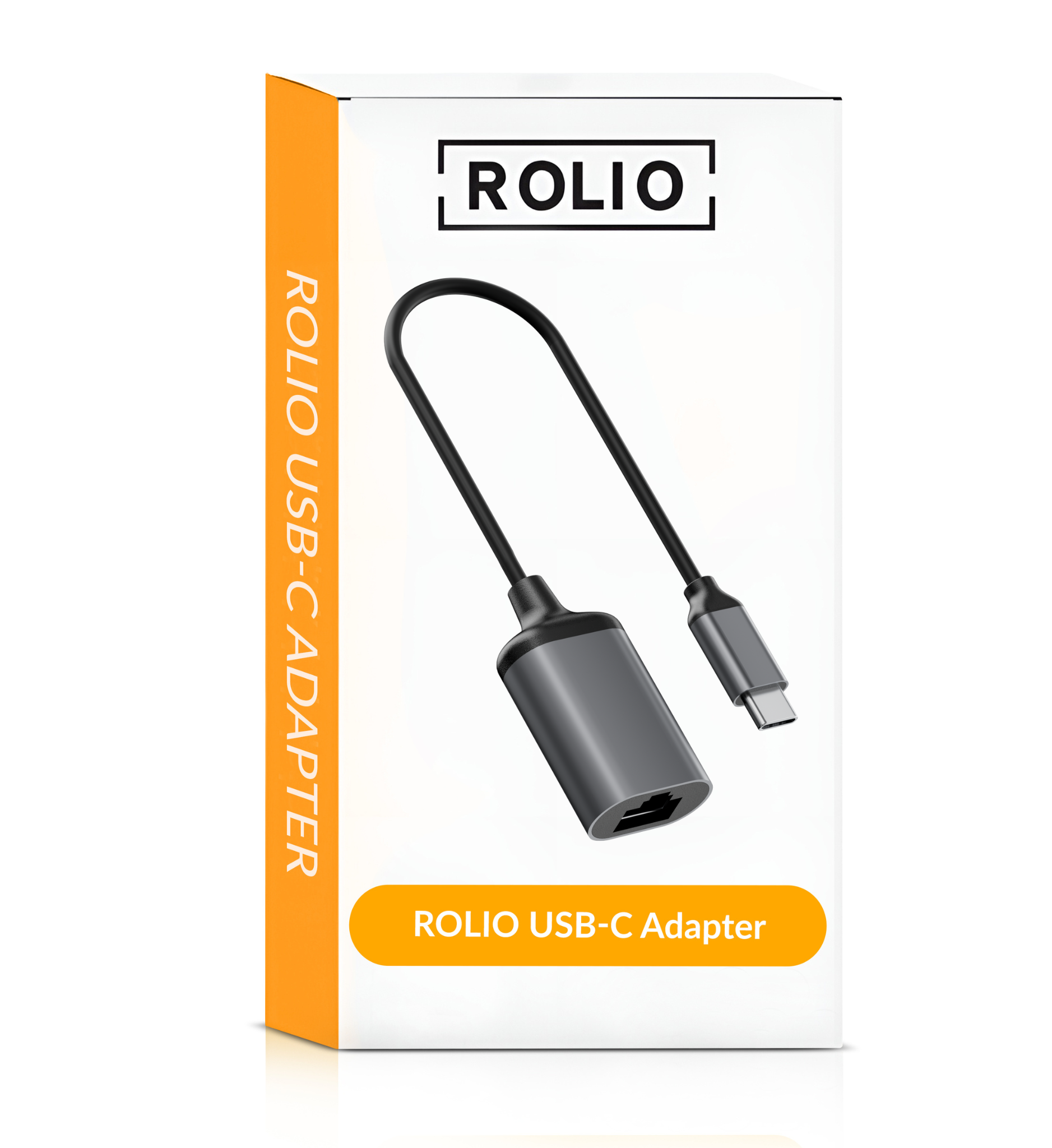 Boîte blanche avec un adaptateur USB-C gris et la marque ROLIO.
